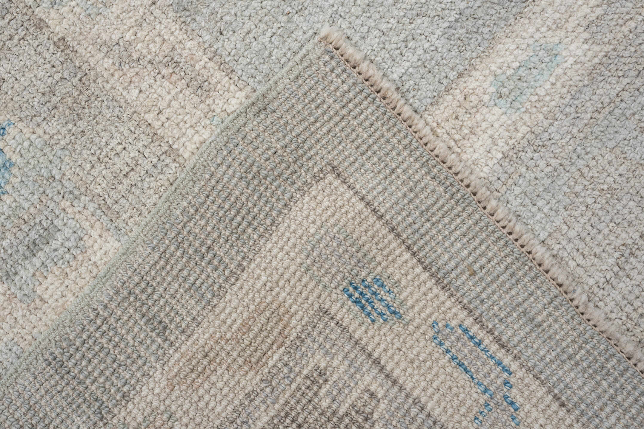 7' x 10' one-of-a-kind handmade vintage Oushak large size rug. Color palette: pale blue, ivory, taupe, cream, sky blue