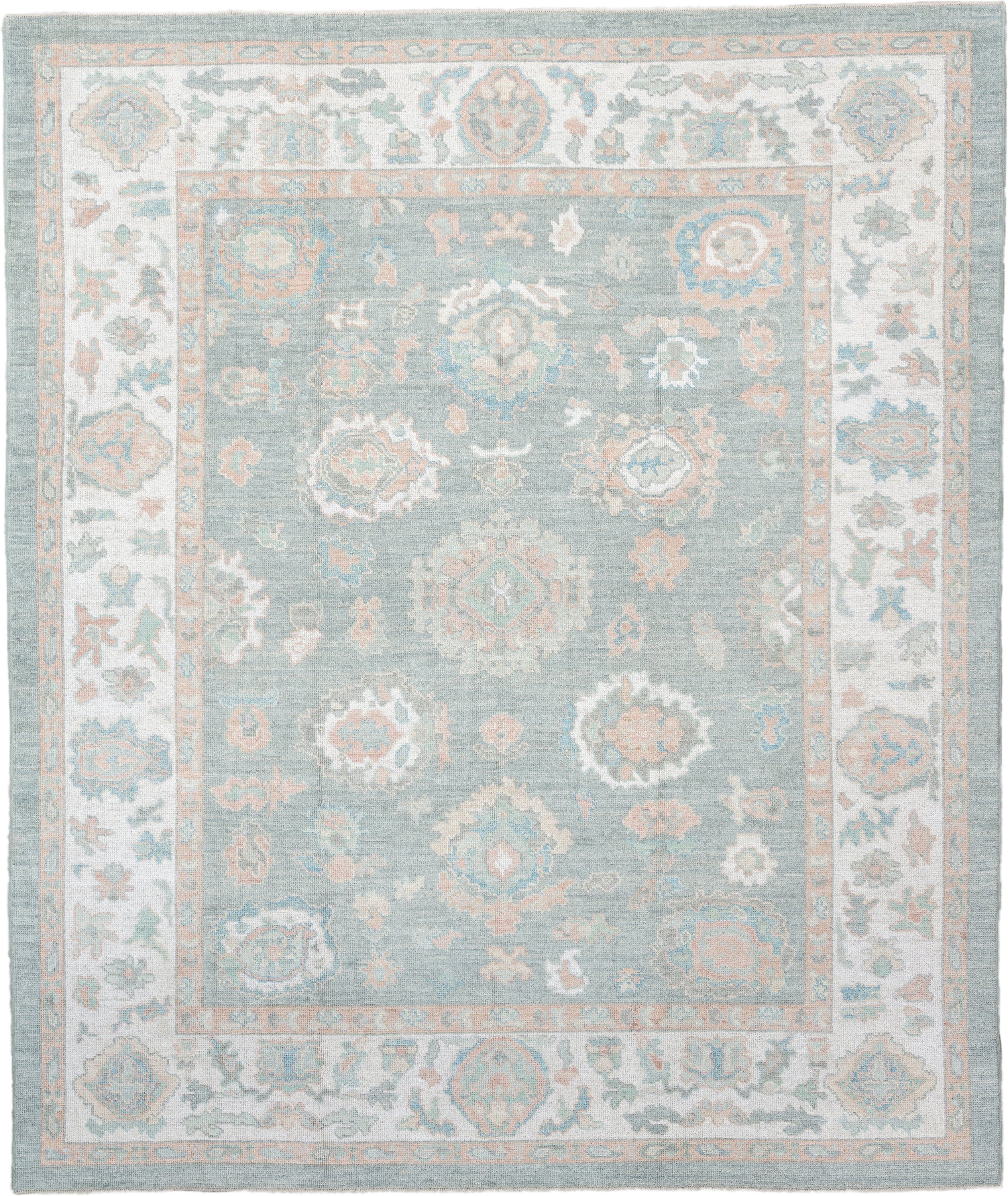 8' x 10' one-of-a-kind handmade vintage Oushak large size rug. Color palette: pale aqua, ivory, peach, sage, taupe, teal