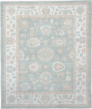 8' x 10' one-of-a-kind handmade vintage Oushak large size rug. Color palette: pale aqua, ivory, peach, sage, taupe, teal