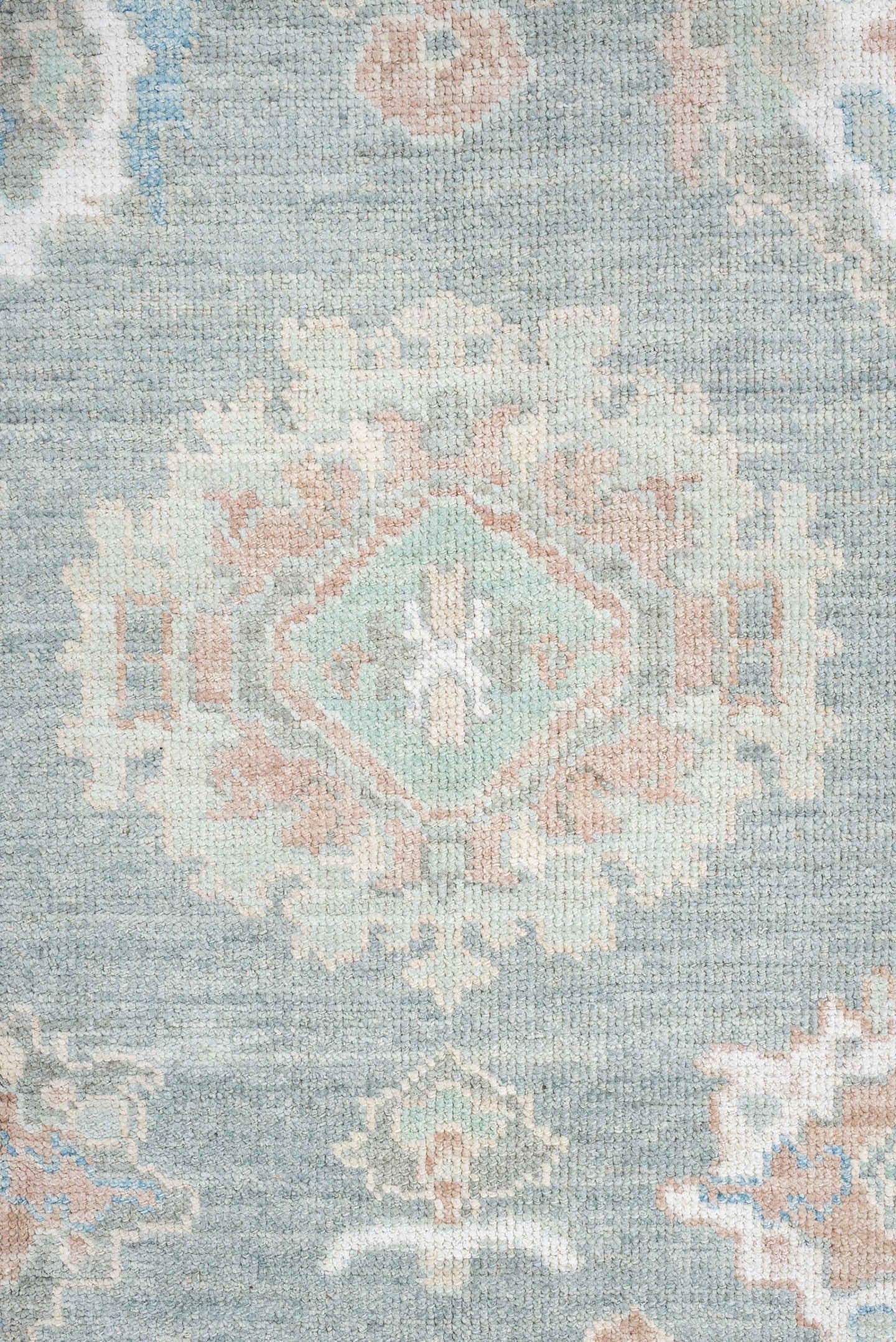 8' x 10' one-of-a-kind handmade vintage Oushak large size rug. Color palette: pale aqua, ivory, peach, sage, taupe, teal