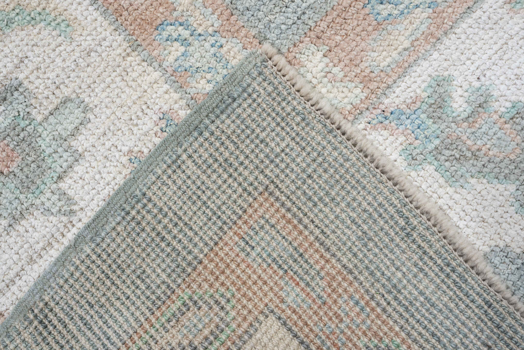 8' x 10' one-of-a-kind handmade vintage Oushak large size rug. Color palette: pale aqua, ivory, peach, sage, taupe, teal
