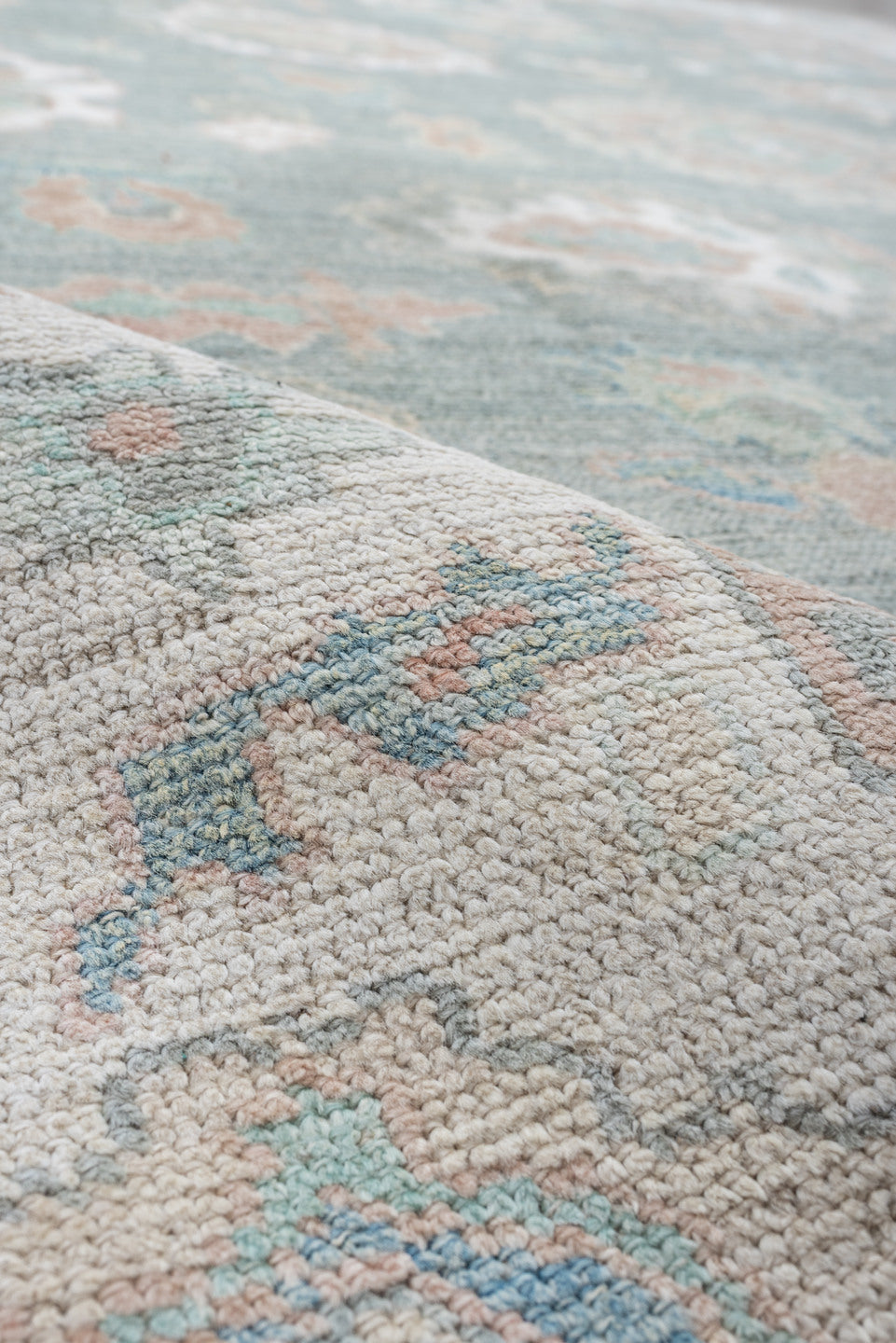 8' x 10' one-of-a-kind handmade vintage Oushak large size rug. Color palette: pale aqua, ivory, peach, sage, taupe, teal