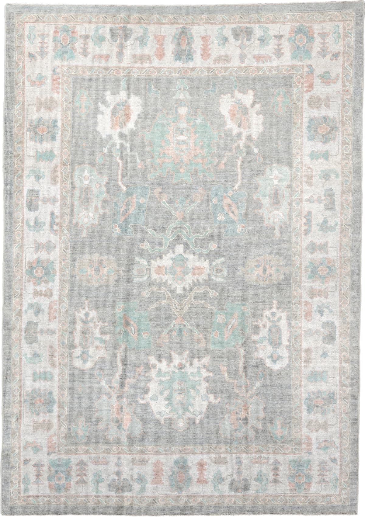 7' x 10' one-of-a-kind handmade vintage Oushak large size rug. Color palette: gray, ivory, pale aqua, blush, taupe, cream