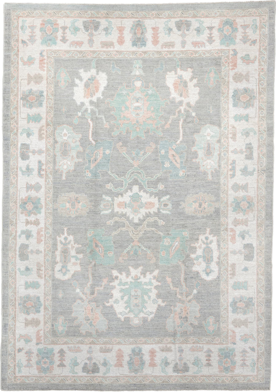7' x 10' one-of-a-kind handmade vintage Oushak large size rug. Color palette: gray, ivory, pale aqua, blush, taupe, cream