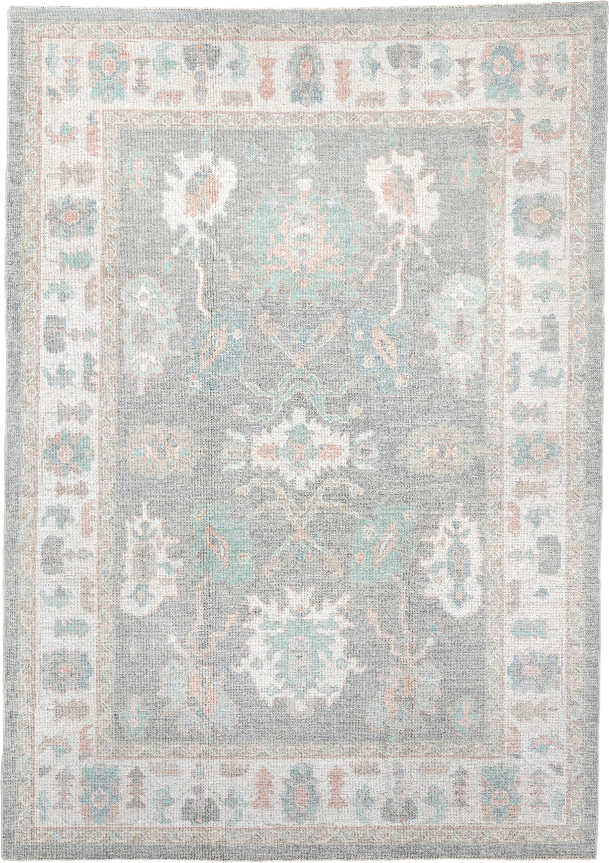7' x 10' one-of-a-kind handmade vintage Oushak large size rug. Color palette: gray, ivory, pale aqua, blush, taupe, cream