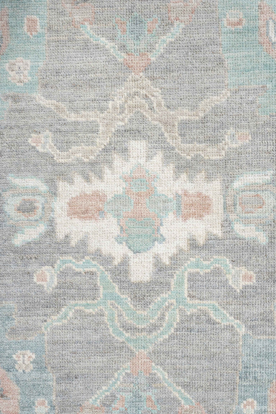 7' x 10' one-of-a-kind handmade vintage Oushak large size rug. Color palette: gray, ivory, pale aqua, blush, taupe, cream