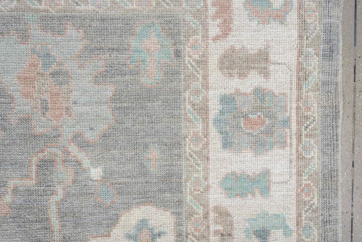 7' x 10' one-of-a-kind handmade vintage Oushak large size rug. Color palette: gray, ivory, pale aqua, blush, taupe, cream