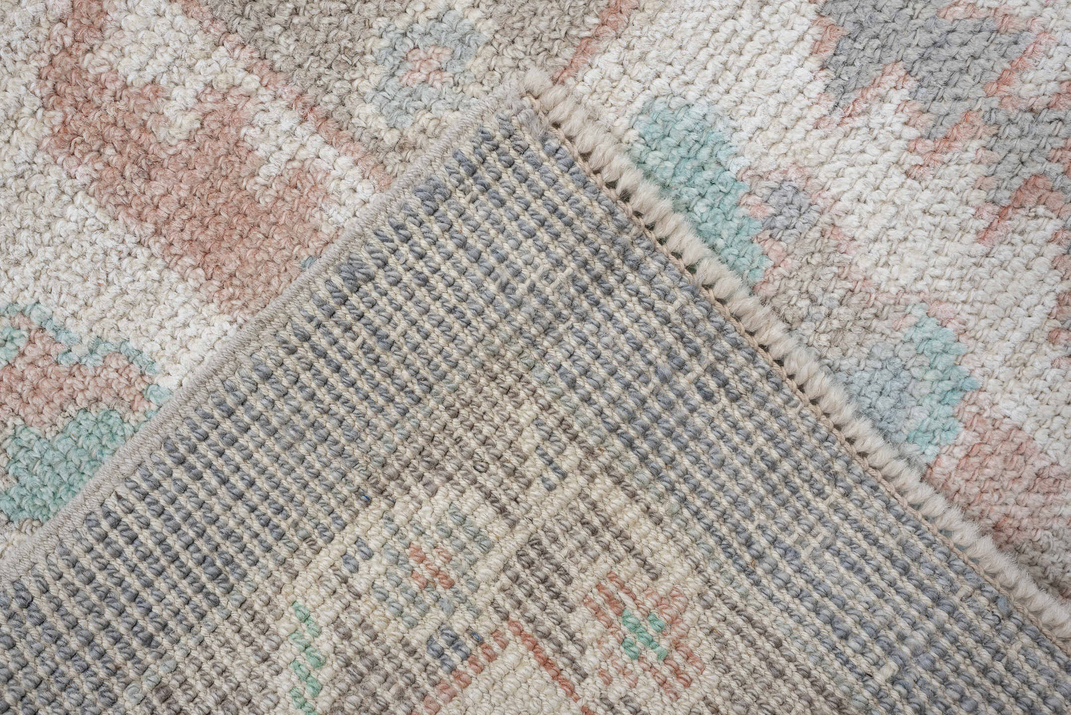 7' x 10' one-of-a-kind handmade vintage Oushak large size rug. Color palette: gray, ivory, pale aqua, blush, taupe, cream