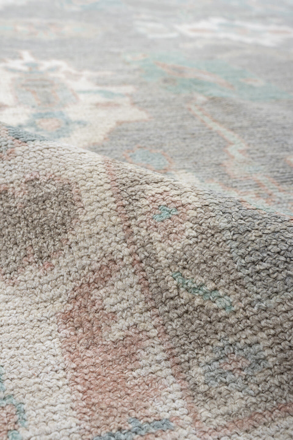 7' x 10' one-of-a-kind handmade vintage Oushak large size rug. Color palette: gray, ivory, pale aqua, blush, taupe, cream