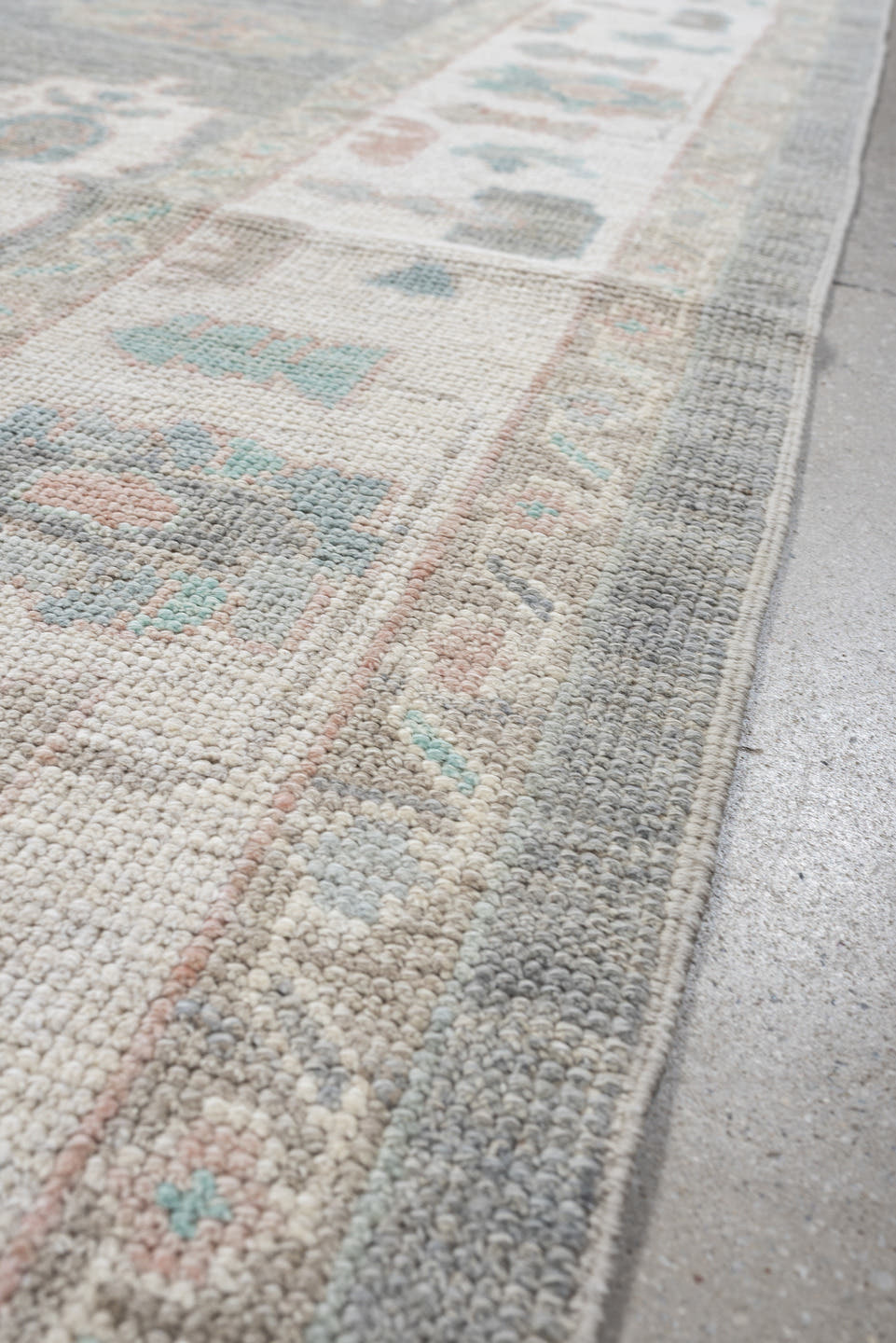 7' x 10' one-of-a-kind handmade vintage Oushak large size rug. Color palette: gray, ivory, pale aqua, blush, taupe, cream