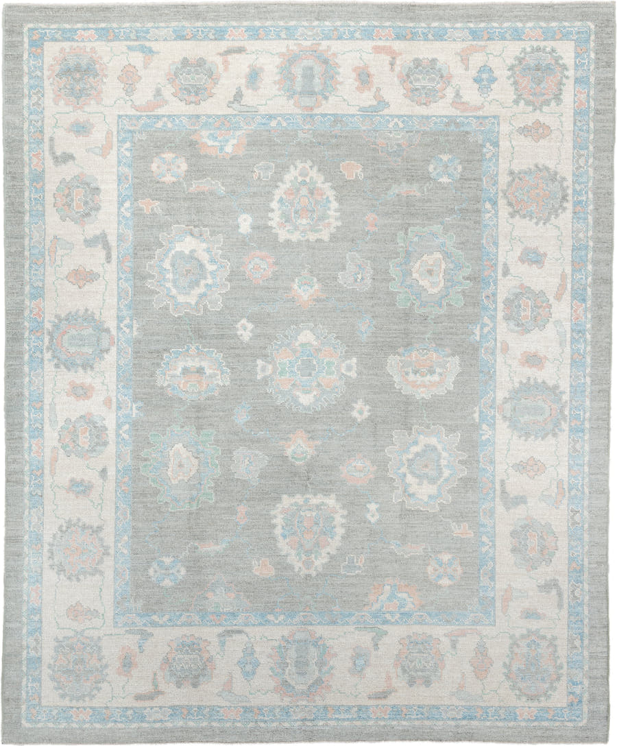 8' x 10' one-of-a-kind handmade vintage Oushak large size rug. Color palette: gray, ivory, powder blue, blush, peach, taupe