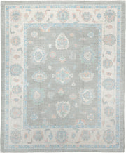 8' x 10' one-of-a-kind handmade vintage Oushak large size rug. Color palette: gray, ivory, powder blue, blush, peach, taupe