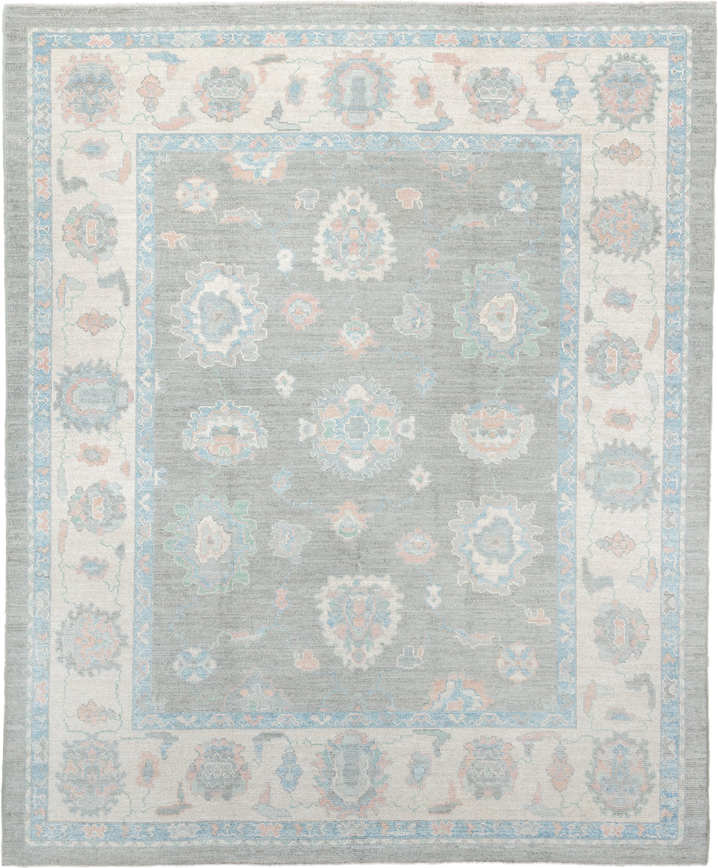8' x 10' one-of-a-kind handmade vintage Oushak large size rug. Color palette: gray, ivory, powder blue, blush, peach, taupe
