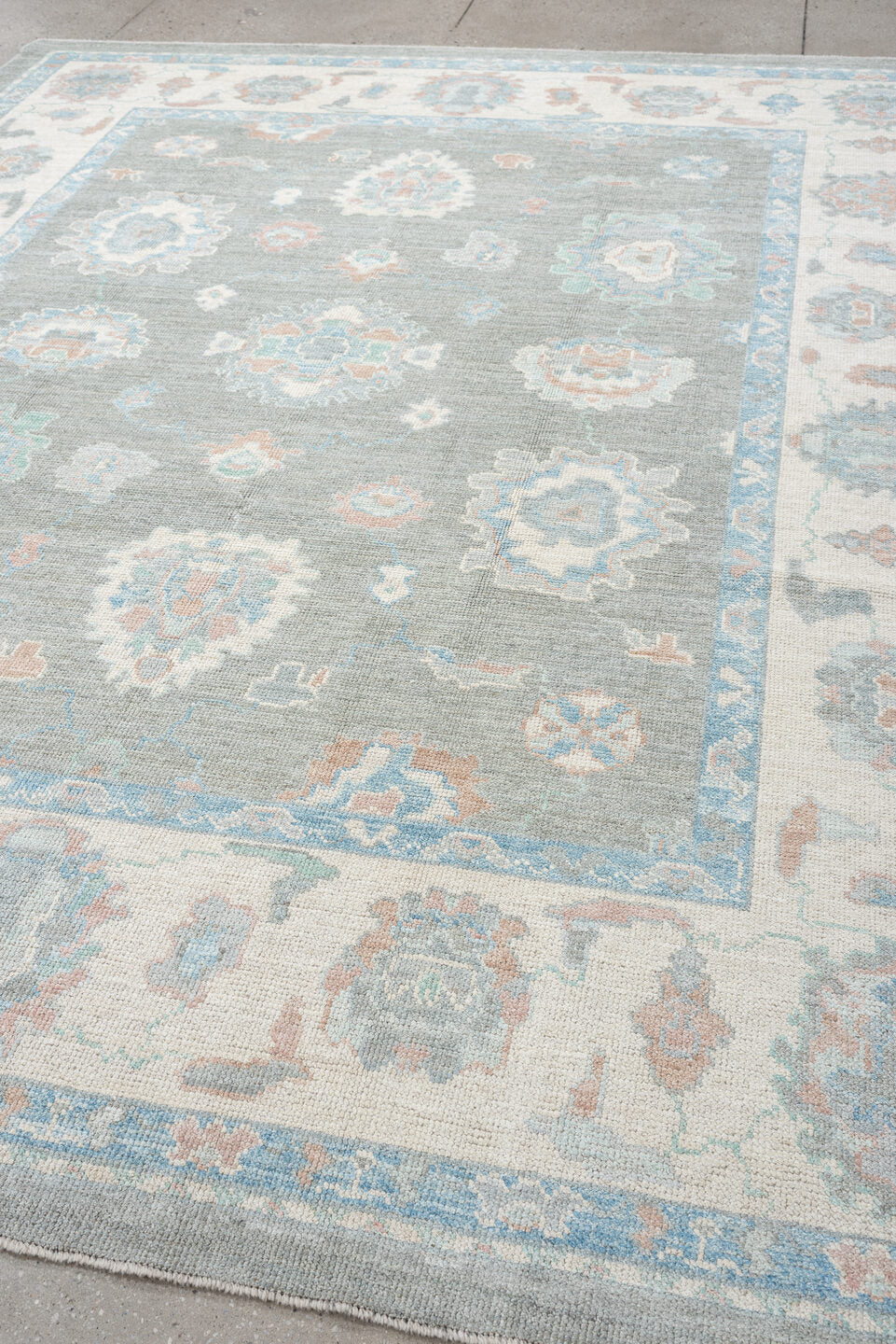8' x 10' one-of-a-kind handmade vintage Oushak large size rug. Color palette: gray, ivory, powder blue, blush, peach, taupe