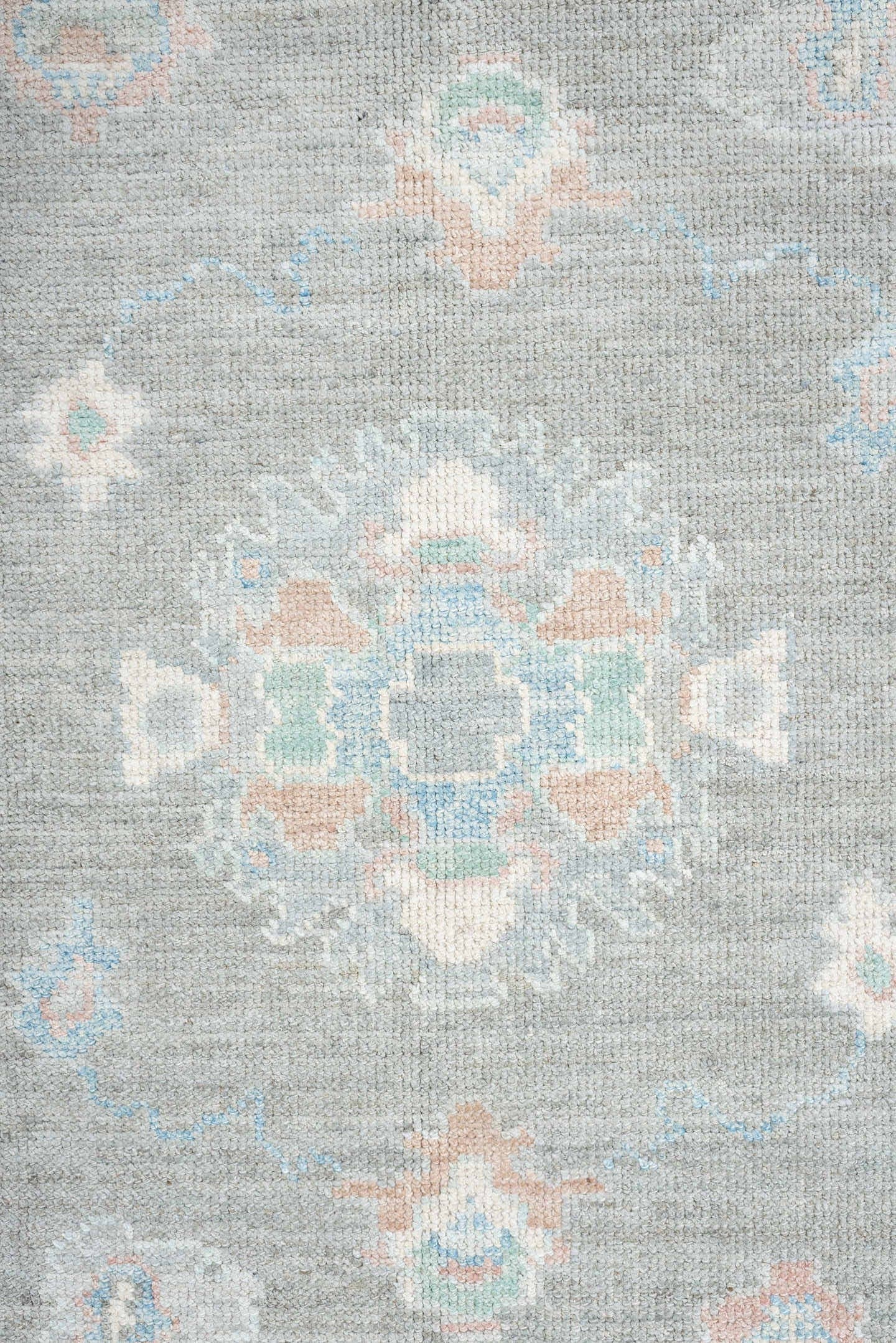 8' x 10' one-of-a-kind handmade vintage Oushak large size rug. Color palette: gray, ivory, powder blue, blush, peach, taupe