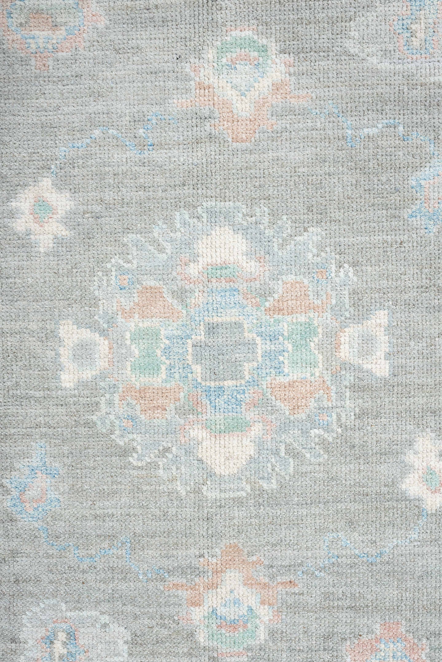 8' x 10' one-of-a-kind handmade vintage Oushak large size rug. Color palette: gray, ivory, powder blue, blush, peach, taupe