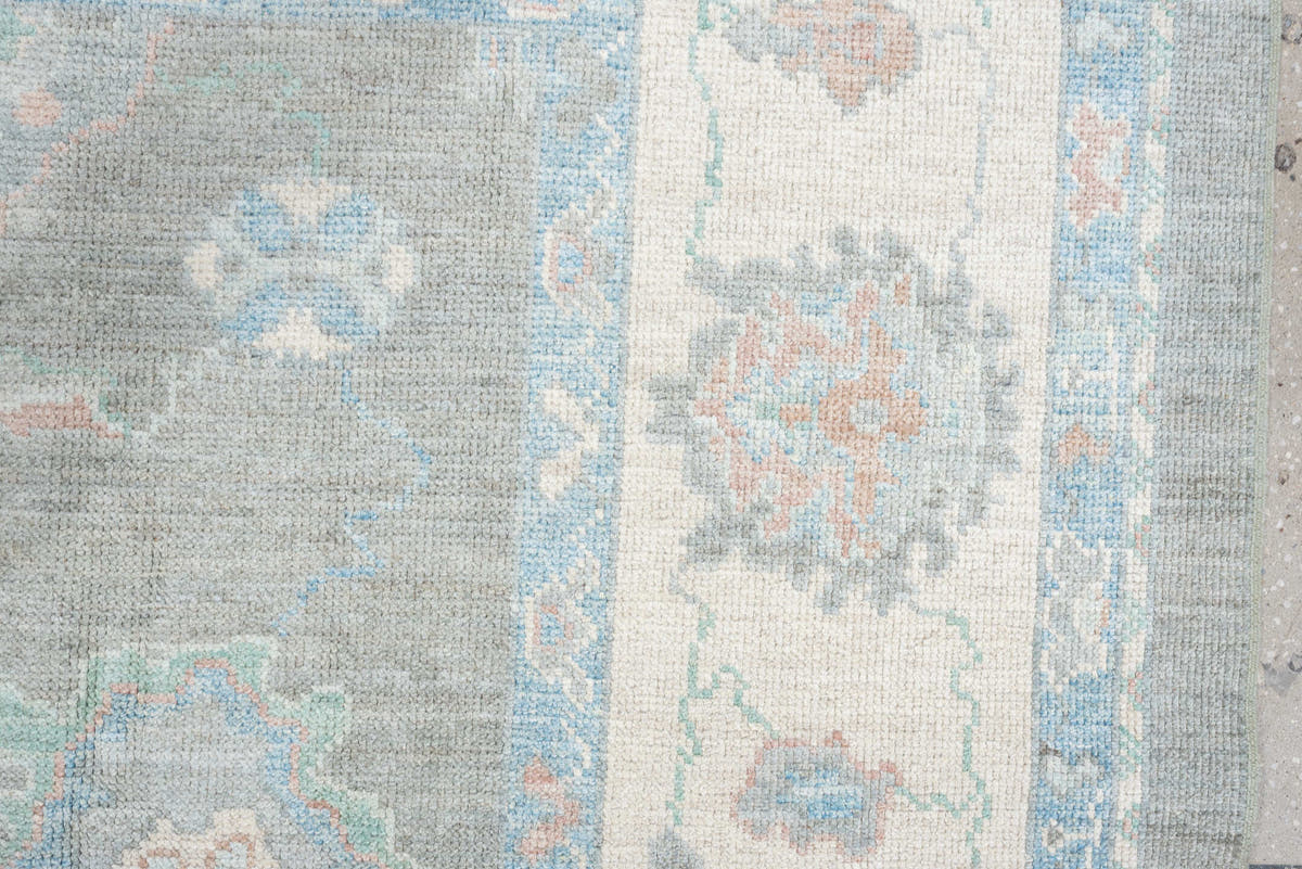 8' x 10' one-of-a-kind handmade vintage Oushak large size rug. Color palette: gray, ivory, powder blue, blush, peach, taupe
