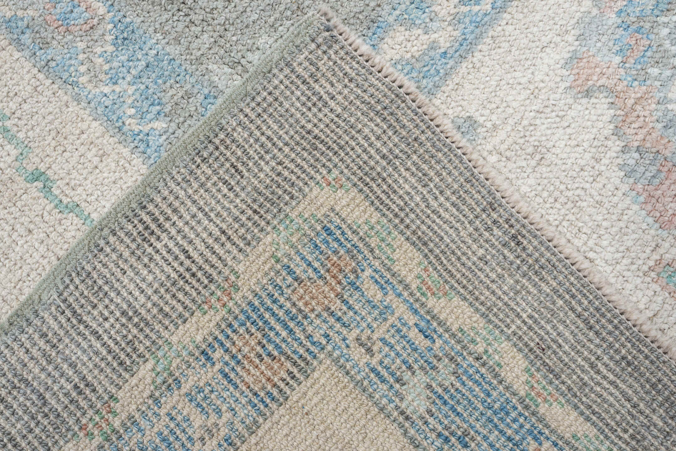 8' x 10' one-of-a-kind handmade vintage Oushak large size rug. Color palette: gray, ivory, powder blue, blush, peach, taupe