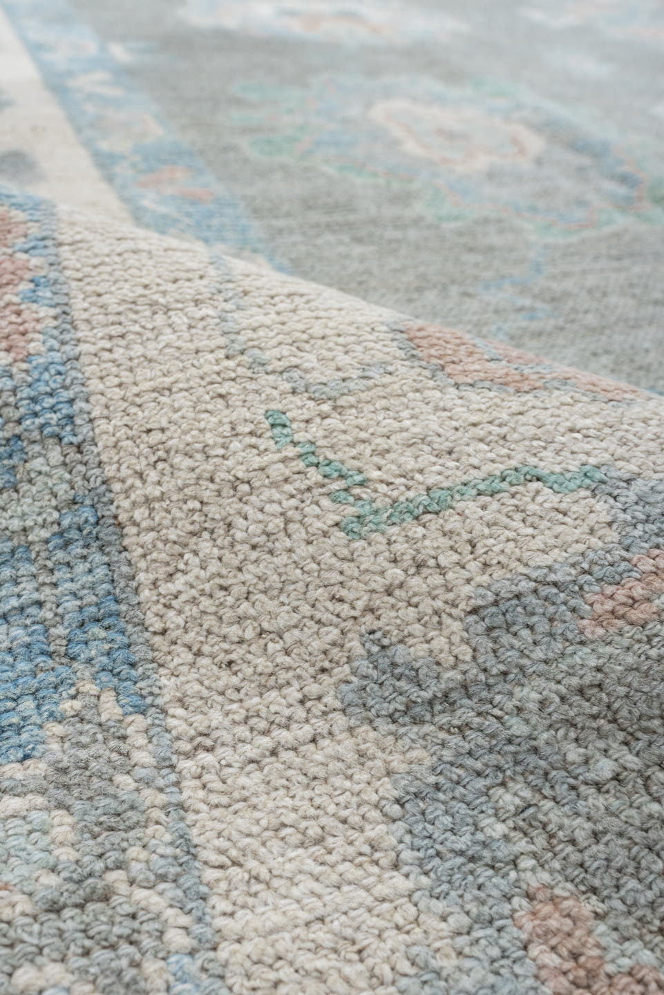 8' x 10' one-of-a-kind handmade vintage Oushak large size rug. Color palette: gray, ivory, powder blue, blush, peach, taupe