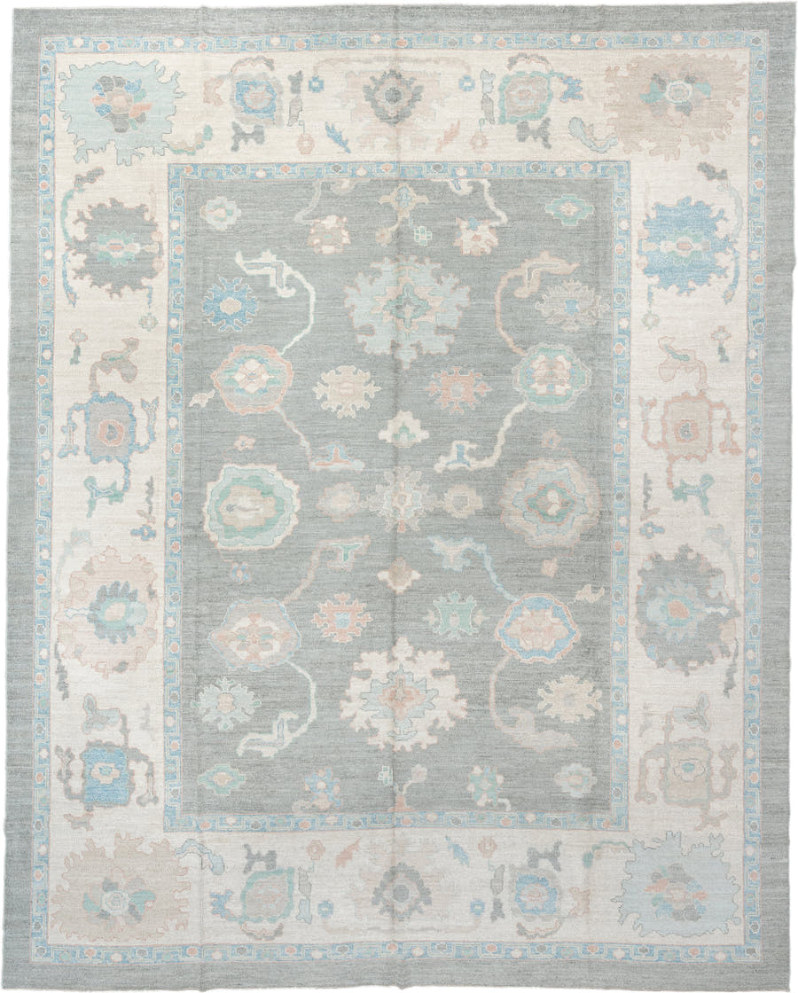 12' x 15' one-of-a-kind handmade vintage Oushak oversize rug. Color palette: pale blue, ivory, taupe, peach, sage, charcoal