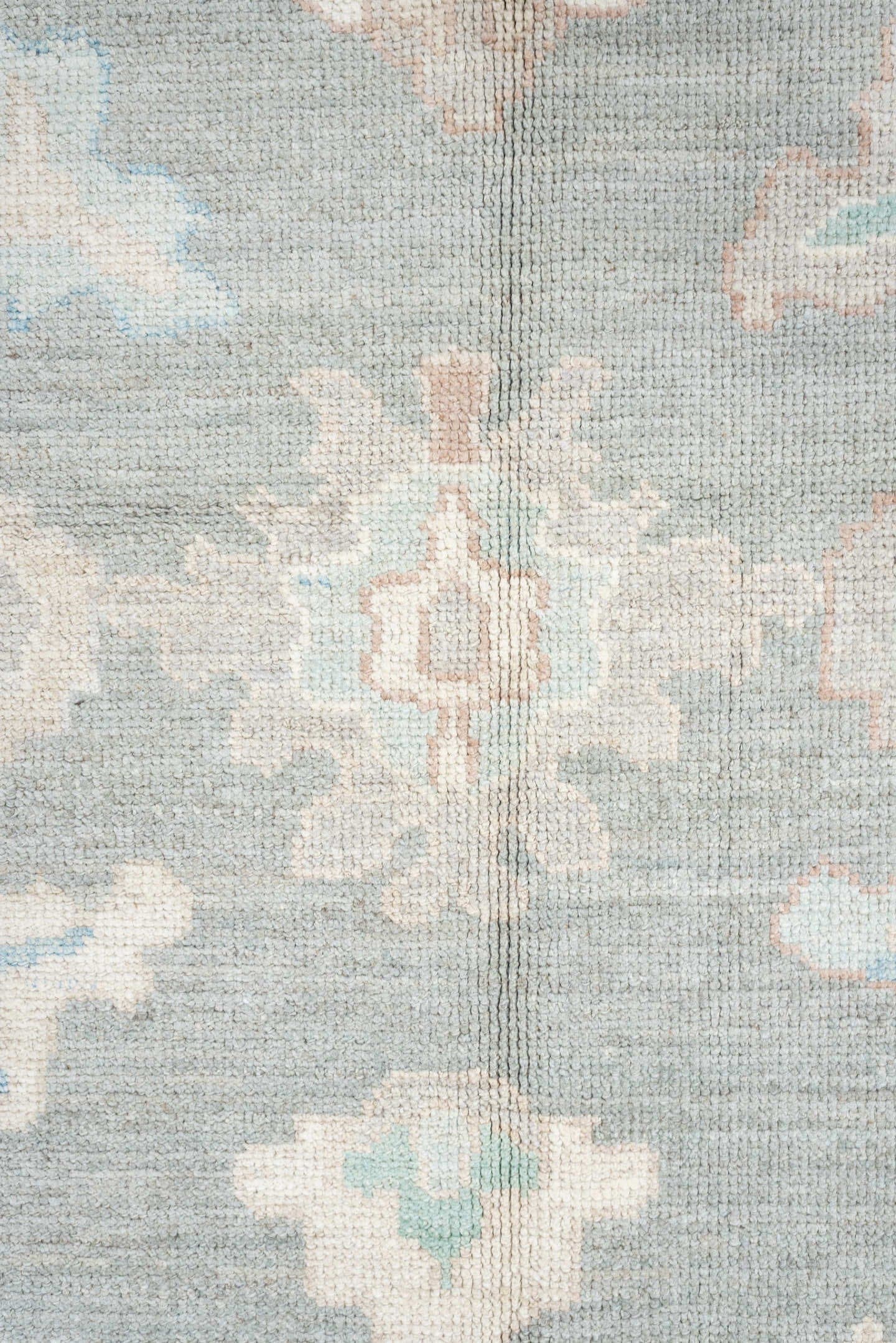 12' x 15' one-of-a-kind handmade vintage Oushak oversize rug. Color palette: pale blue, ivory, taupe, peach, sage, charcoal