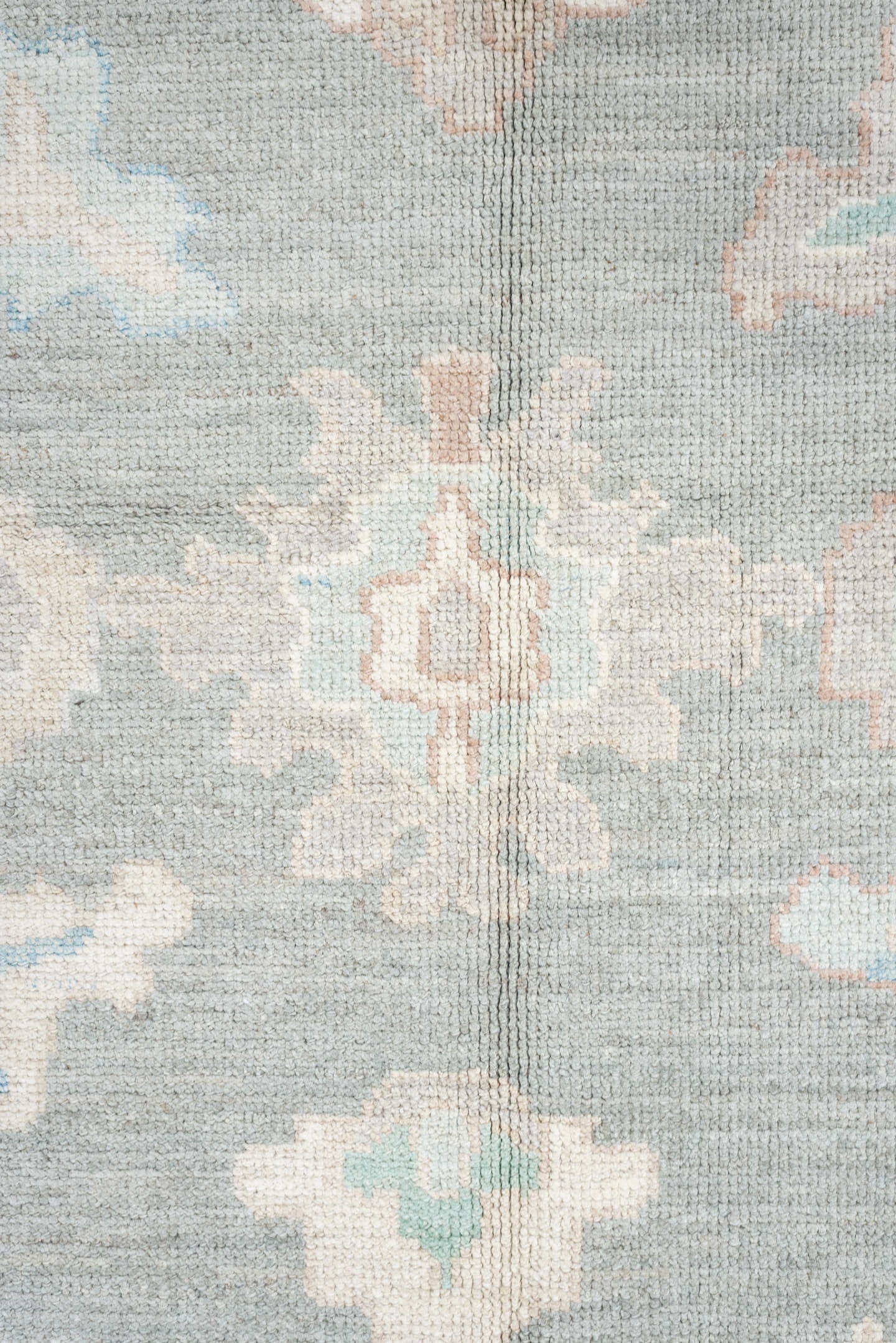 12' x 15' one-of-a-kind handmade vintage Oushak oversize rug. Color palette: pale blue, ivory, taupe, peach, sage, charcoal