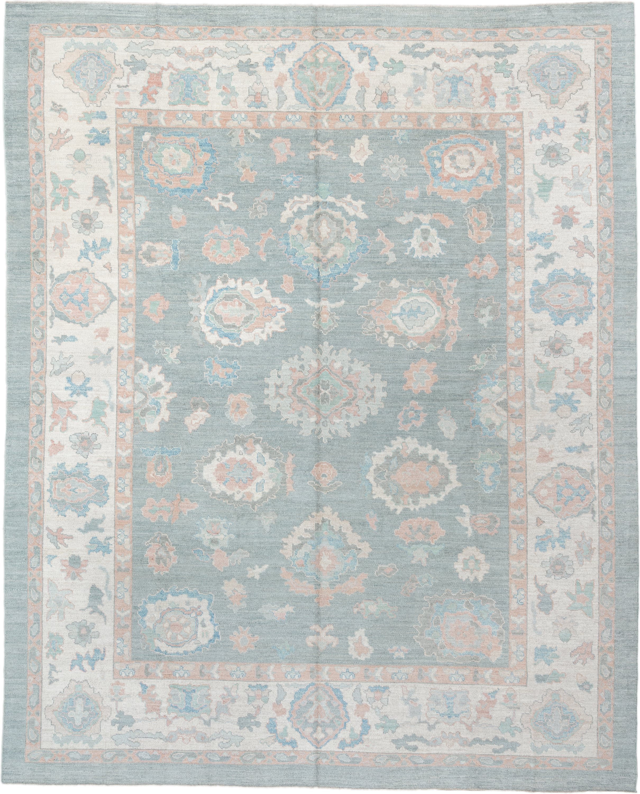12' x 15' one-of-a-kind handmade vintage Oushak oversize rug. Color palette: sky blue, ivory, blush, pale blue, taupe, sage