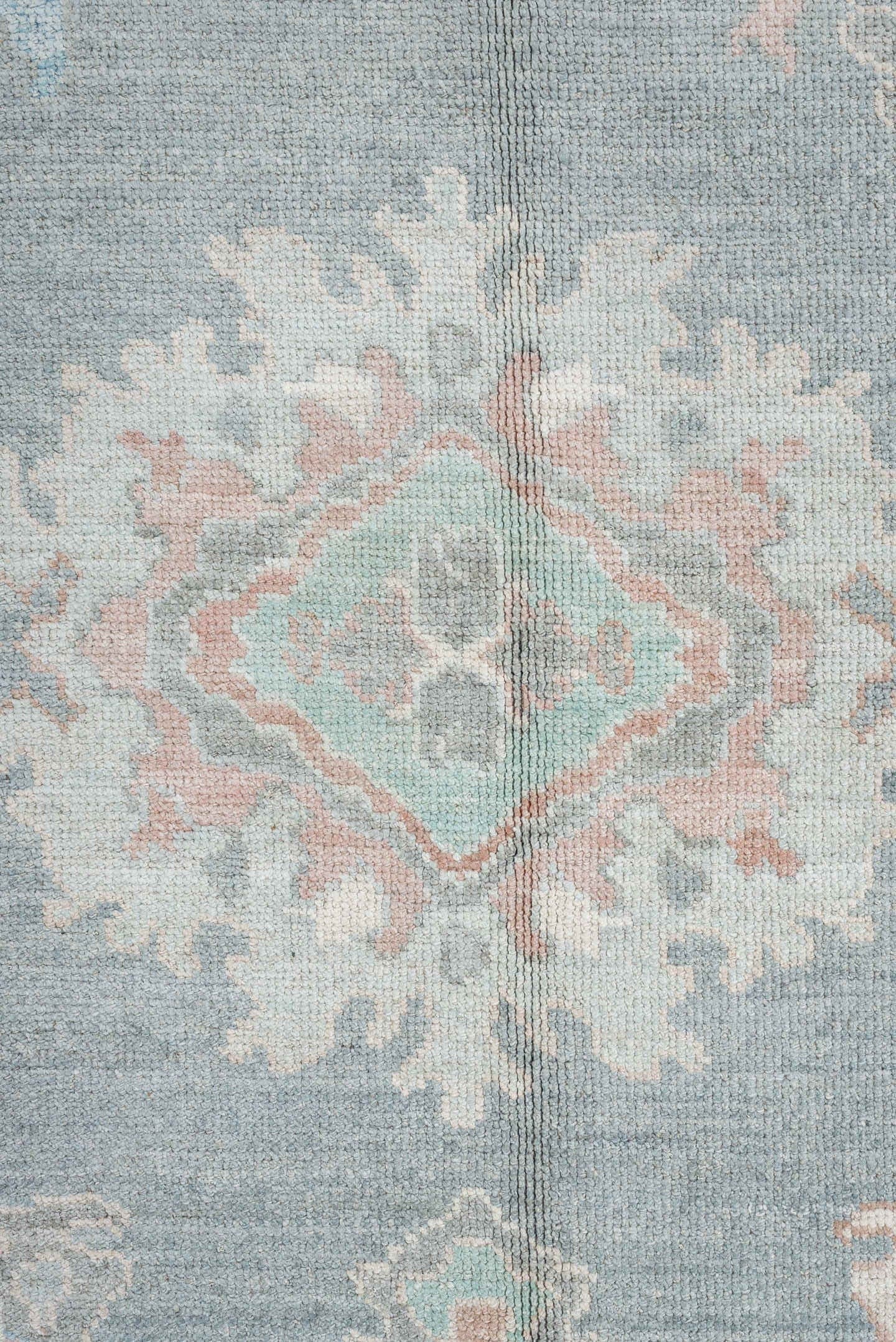 12' x 15' one-of-a-kind handmade vintage Oushak oversize rug. Color palette: sky blue, ivory, blush, pale blue, taupe, sage