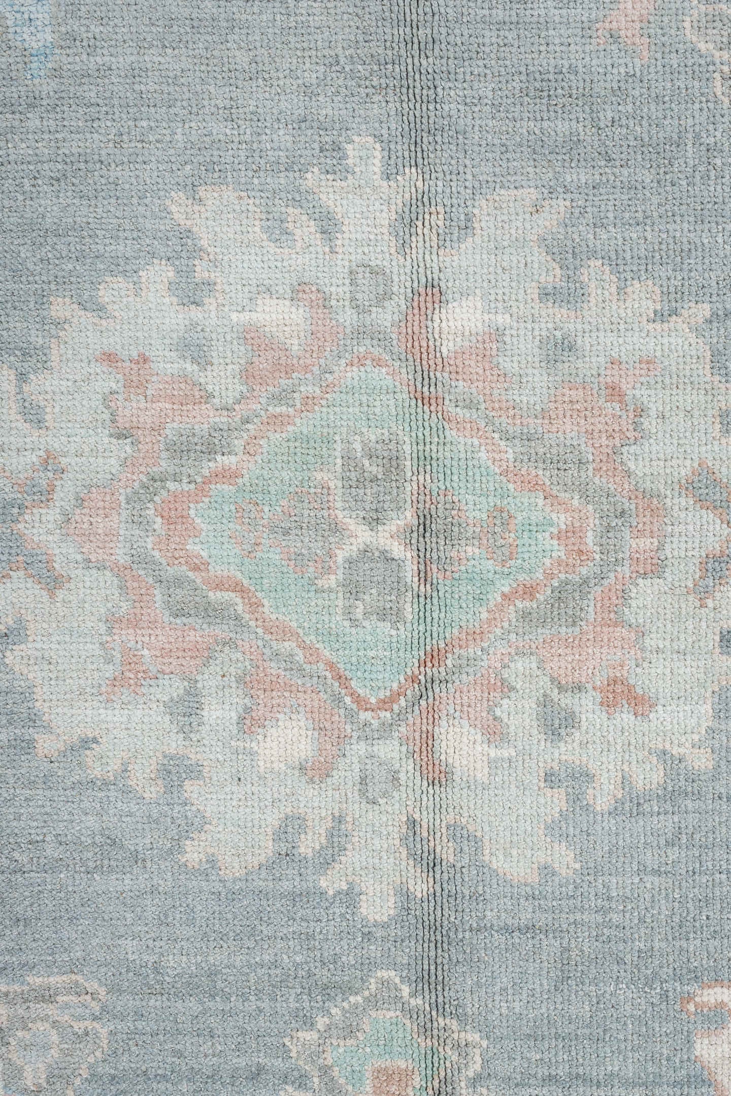 12' x 15' one-of-a-kind handmade vintage Oushak oversize rug. Color palette: sky blue, ivory, blush, pale blue, taupe, sage
