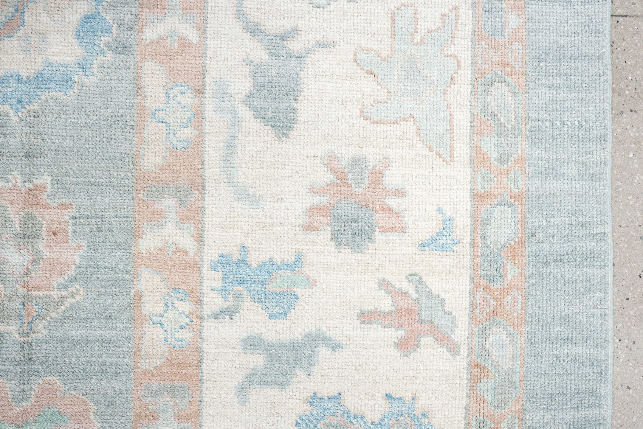 12' x 15' one-of-a-kind handmade vintage Oushak oversize rug. Color palette: sky blue, ivory, blush, pale blue, taupe, sage