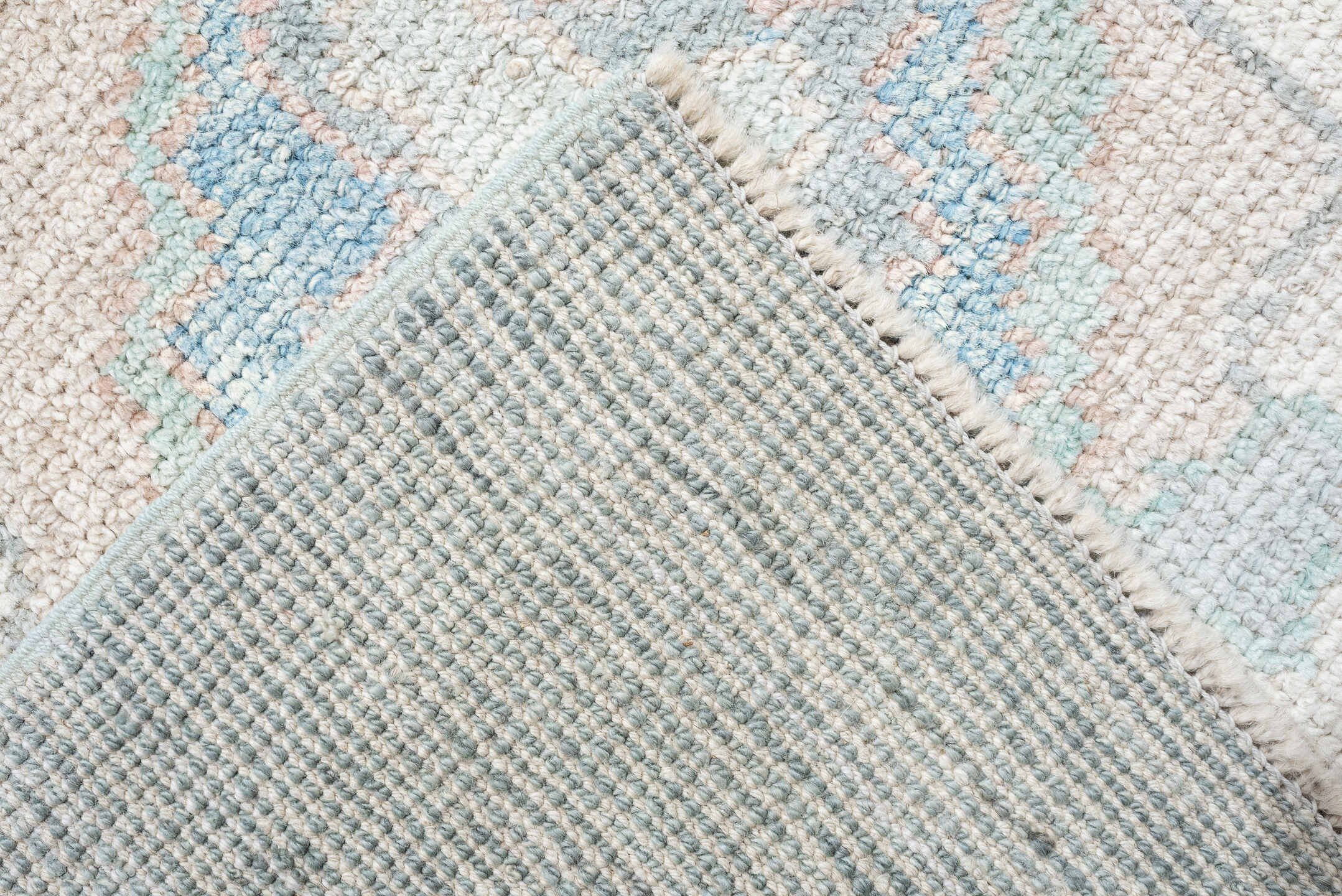 12' x 15' one-of-a-kind handmade vintage Oushak oversize rug. Color palette: sky blue, ivory, blush, pale blue, taupe, sage