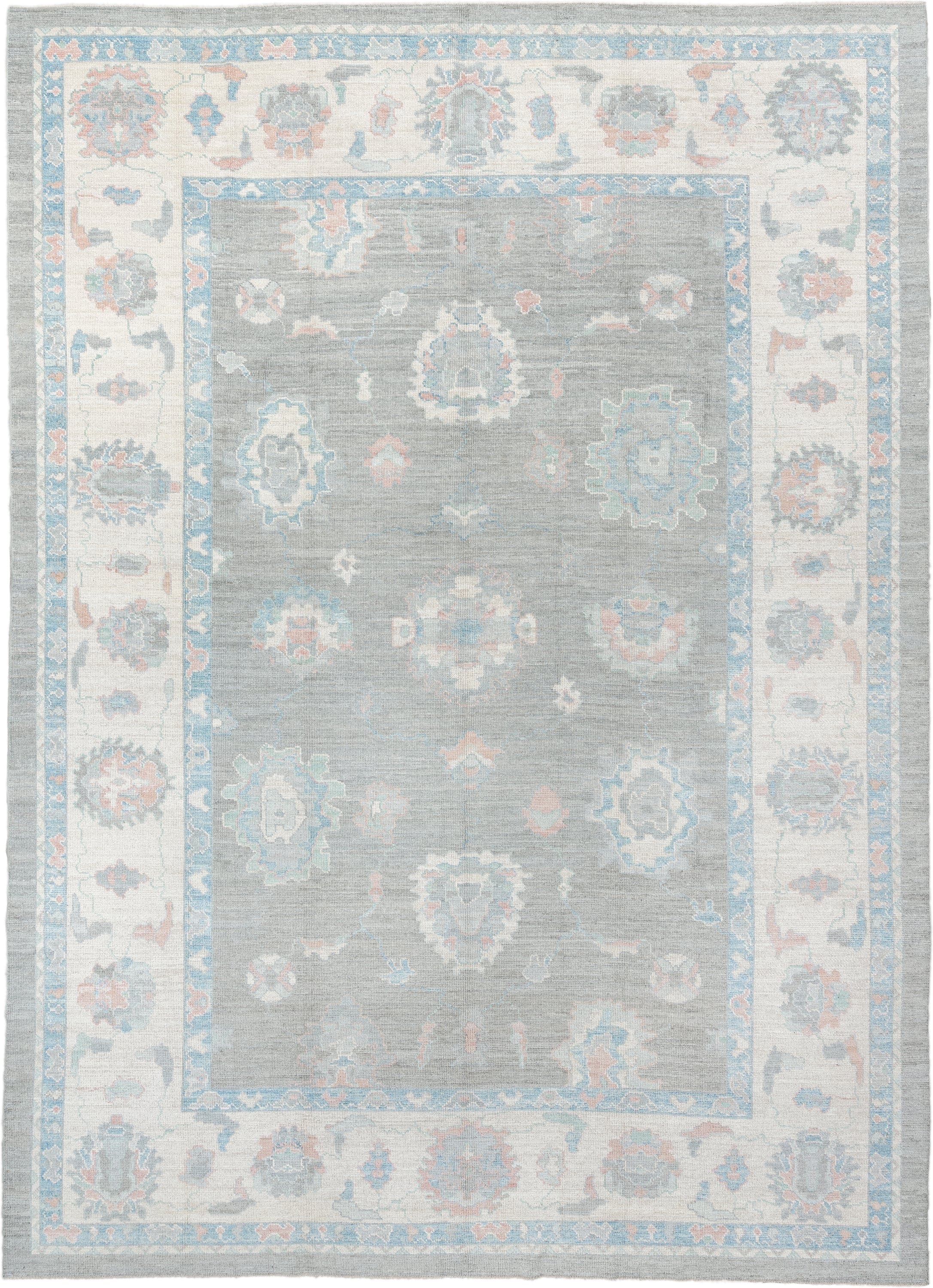 10' x 14' one-of-a-kind handmade vintage Oushak large size rug. Color palette: blue_gray, ivory, sky_blue, soft_coral, taupe