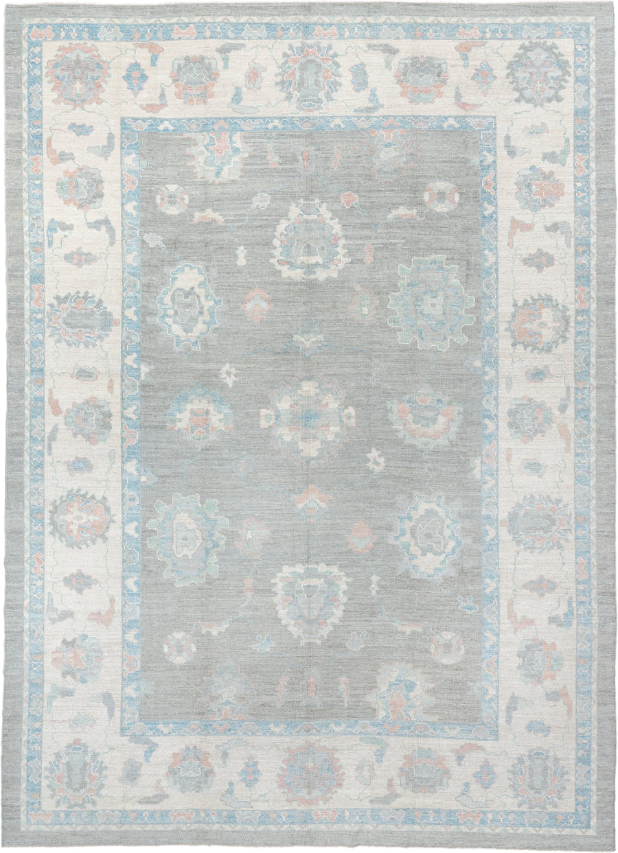 10' x 14' one-of-a-kind handmade vintage Oushak large size rug. Color palette: blue_gray, ivory, sky_blue, soft_coral, taupe