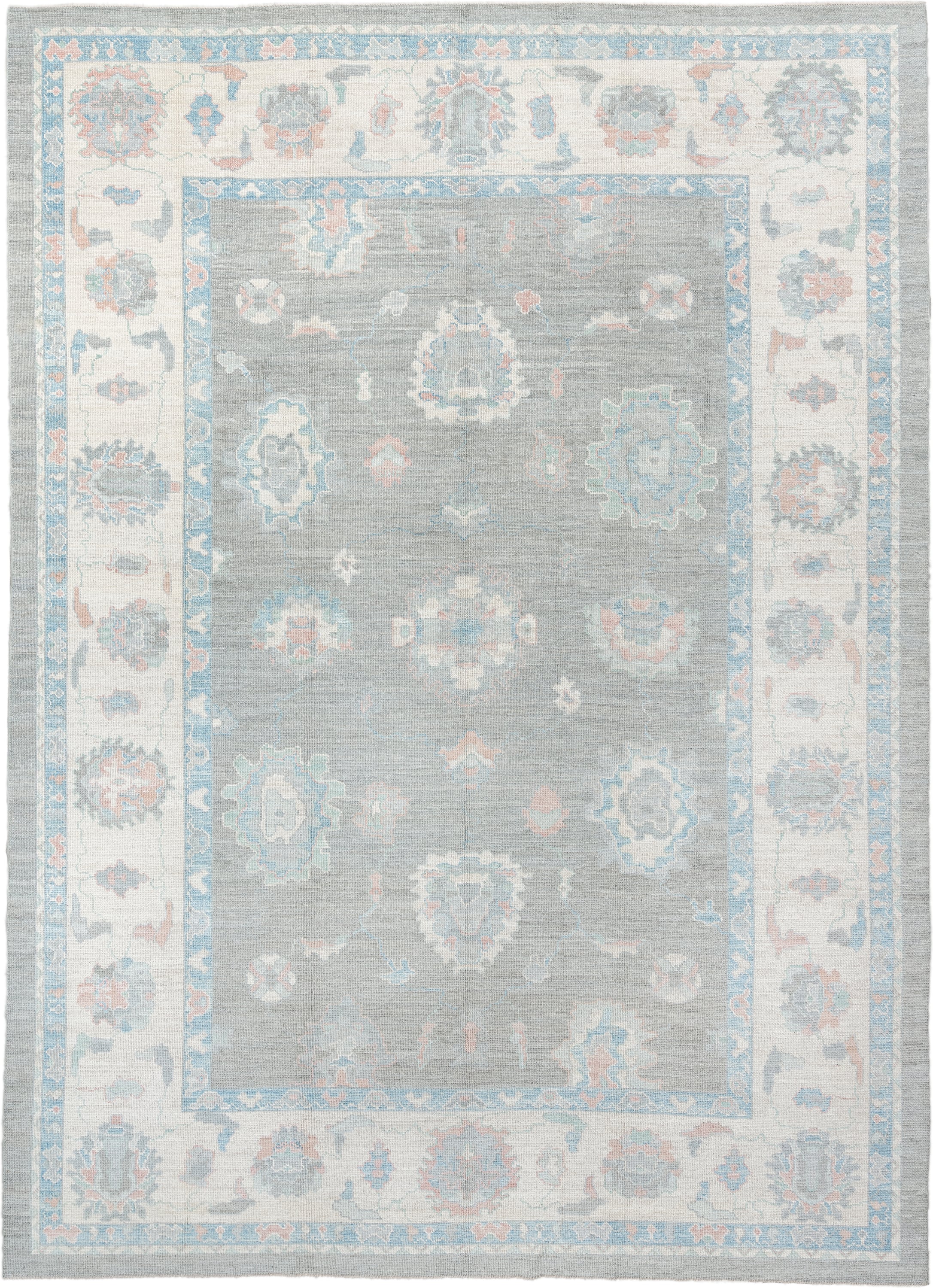 10' x 14' one-of-a-kind handmade vintage Oushak large size rug. Color palette: blue_gray, ivory, sky_blue, soft_coral, taupe