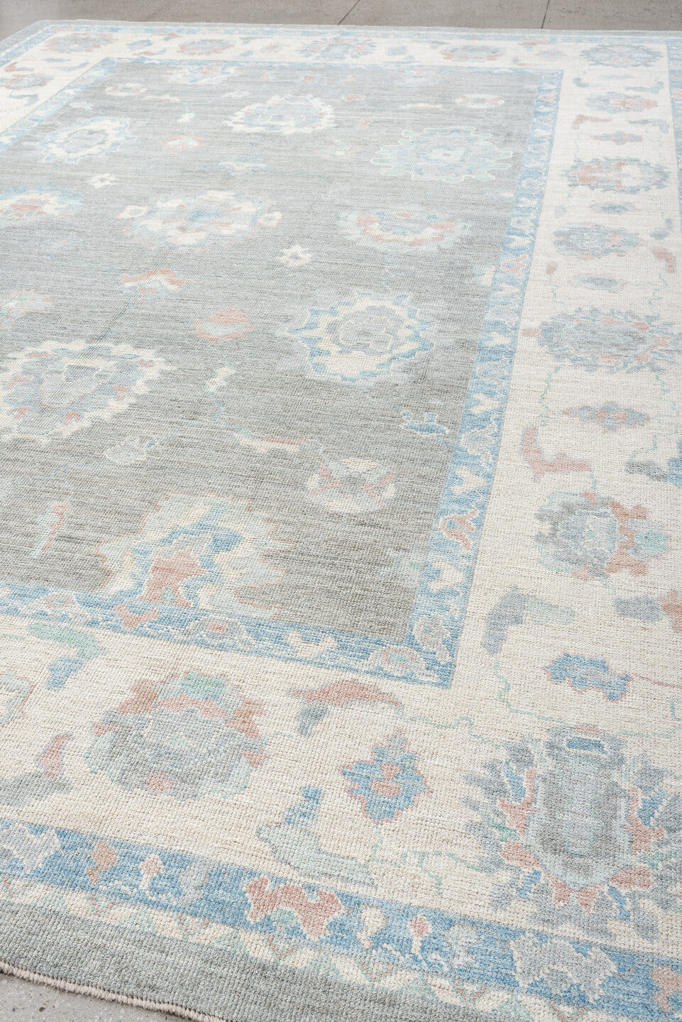 10' x 14' one-of-a-kind handmade vintage Oushak large size rug. Color palette: blue_gray, ivory, sky_blue, soft_coral, taupe