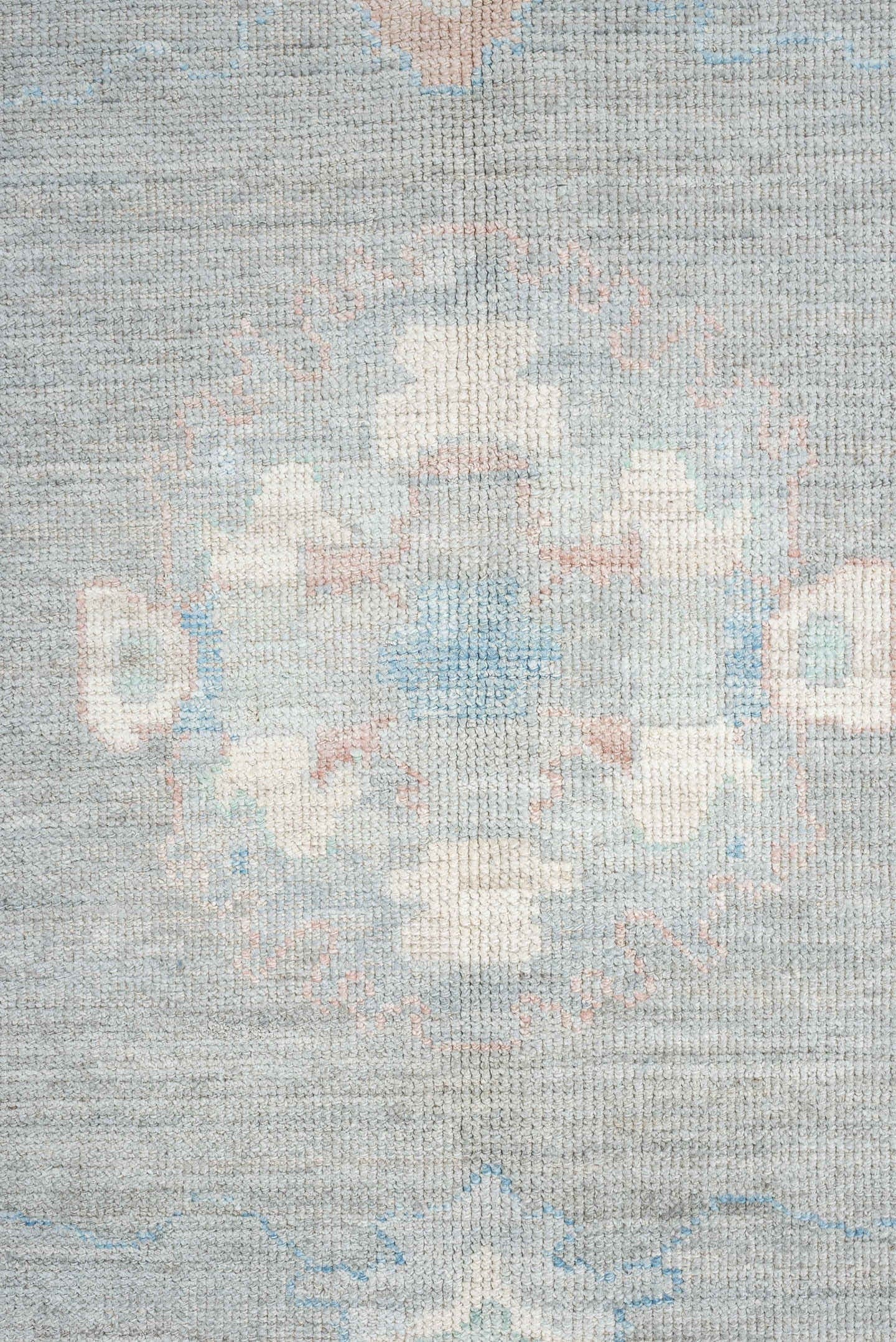 10' x 14' one-of-a-kind handmade vintage Oushak large size rug. Color palette: blue_gray, ivory, sky_blue, soft_coral, taupe