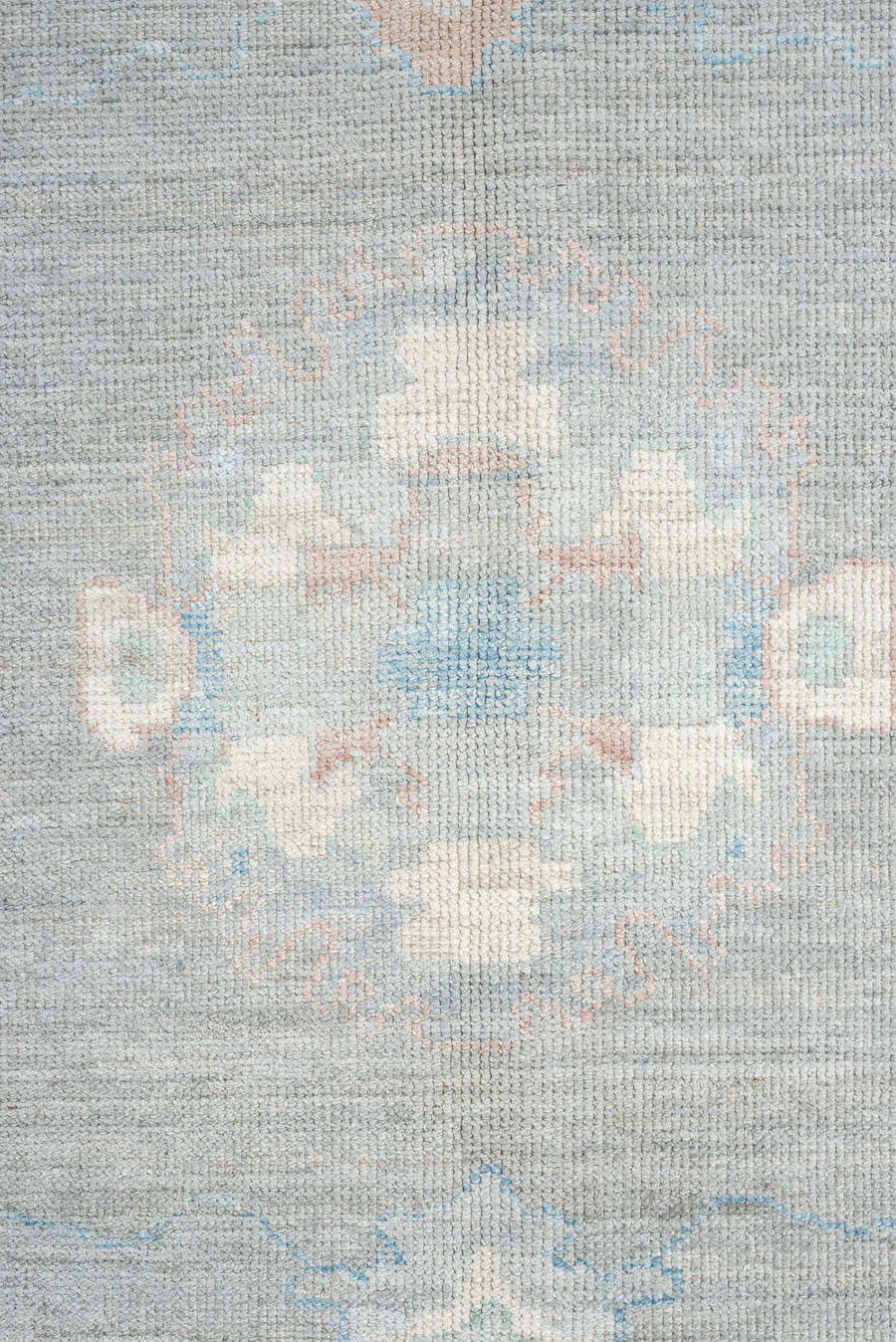 10' x 14' one-of-a-kind handmade vintage Oushak large size rug. Color palette: blue_gray, ivory, sky_blue, soft_coral, taupe