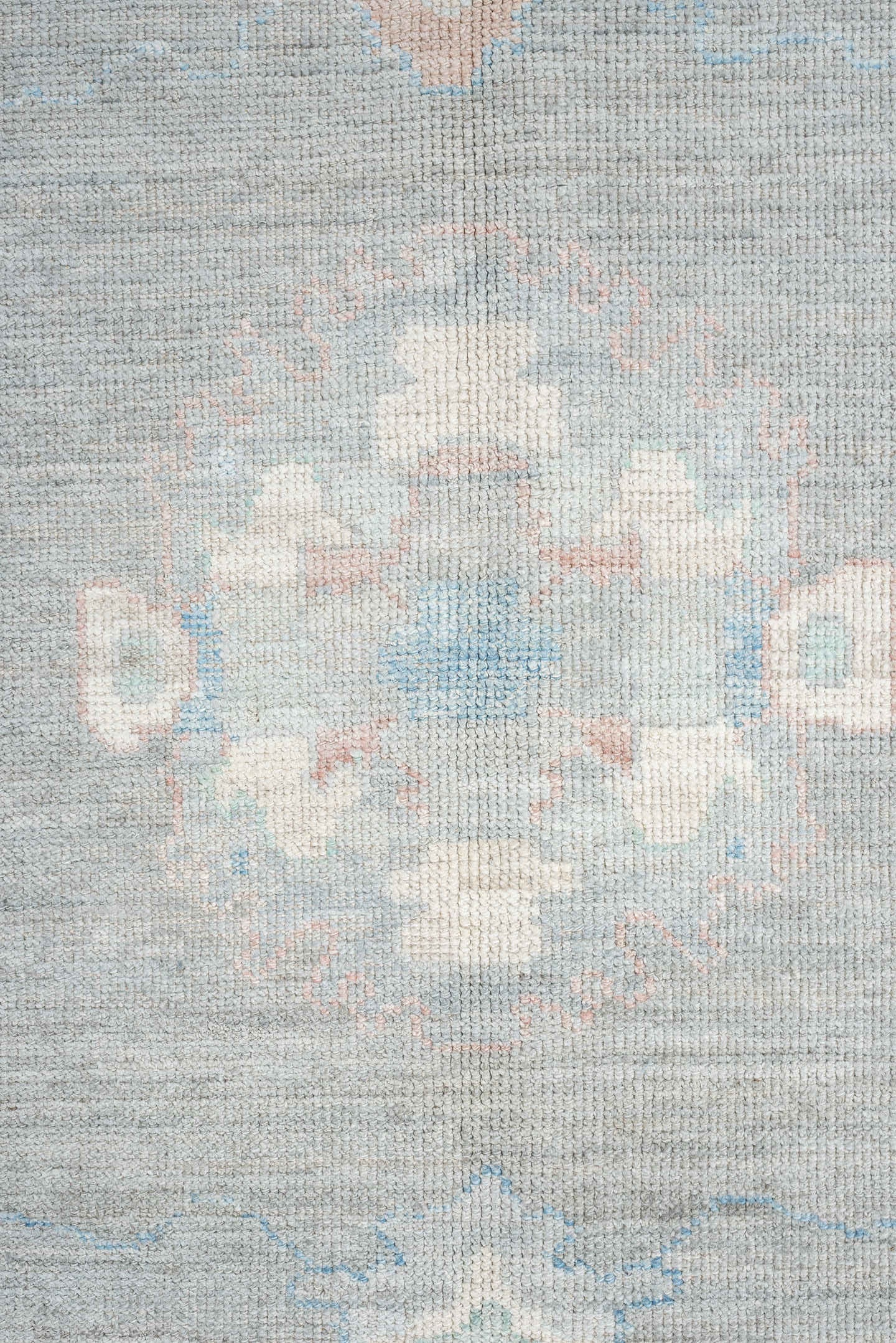 10' x 14' one-of-a-kind handmade vintage Oushak large size rug. Color palette: blue_gray, ivory, sky_blue, soft_coral, taupe