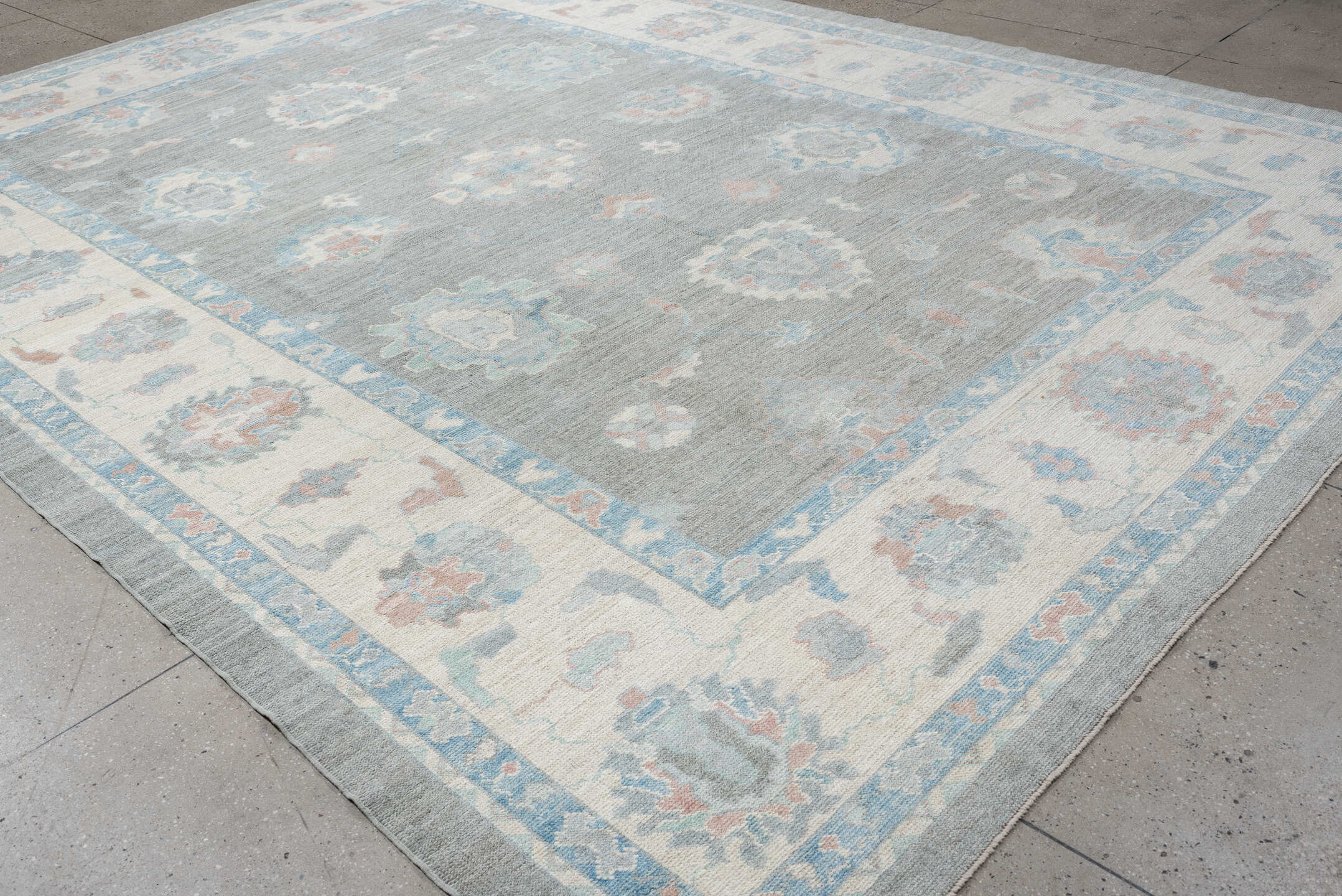 10' x 14' one-of-a-kind handmade vintage Oushak large size rug. Color palette: blue_gray, ivory, sky_blue, soft_coral, taupe