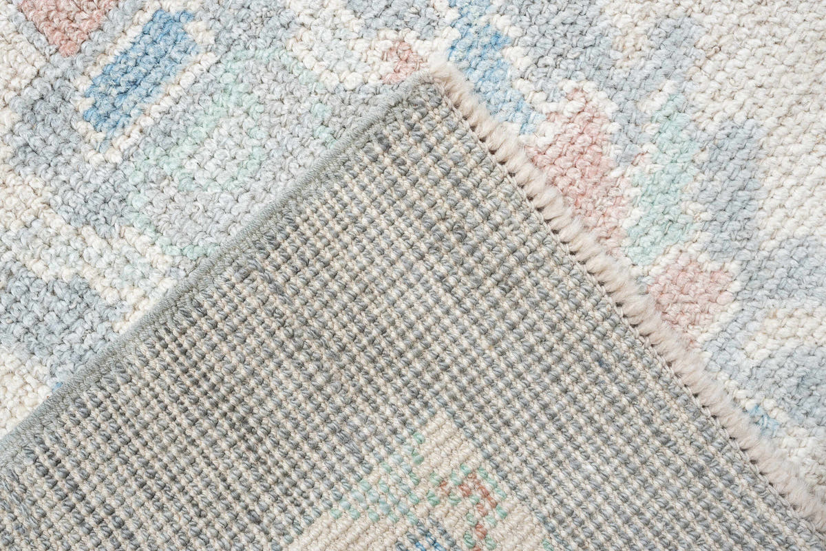 10' x 14' one-of-a-kind handmade vintage Oushak large size rug. Color palette: blue_gray, ivory, sky_blue, soft_coral, taupe