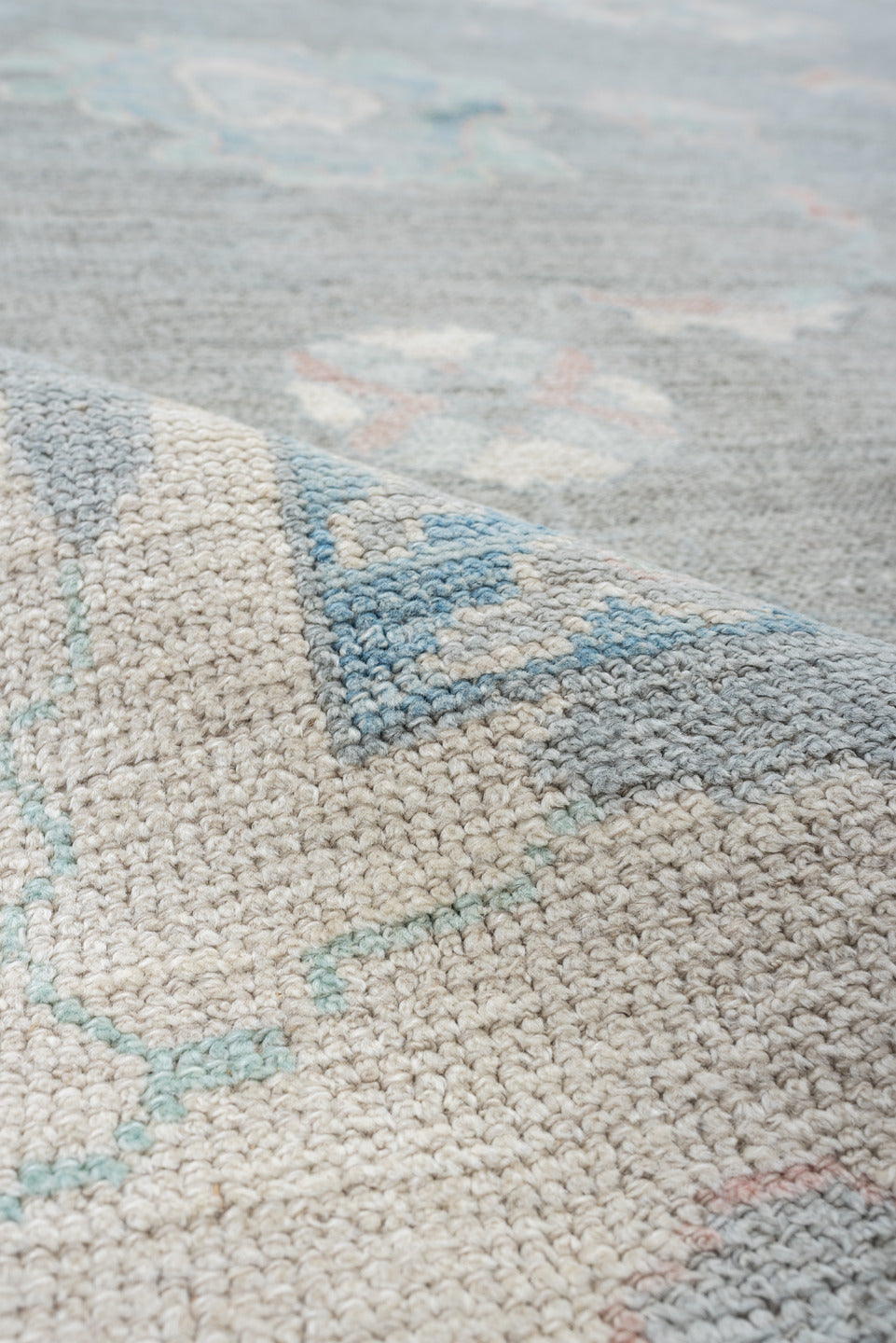 10' x 14' one-of-a-kind handmade vintage Oushak large size rug. Color palette: blue_gray, ivory, sky_blue, soft_coral, taupe
