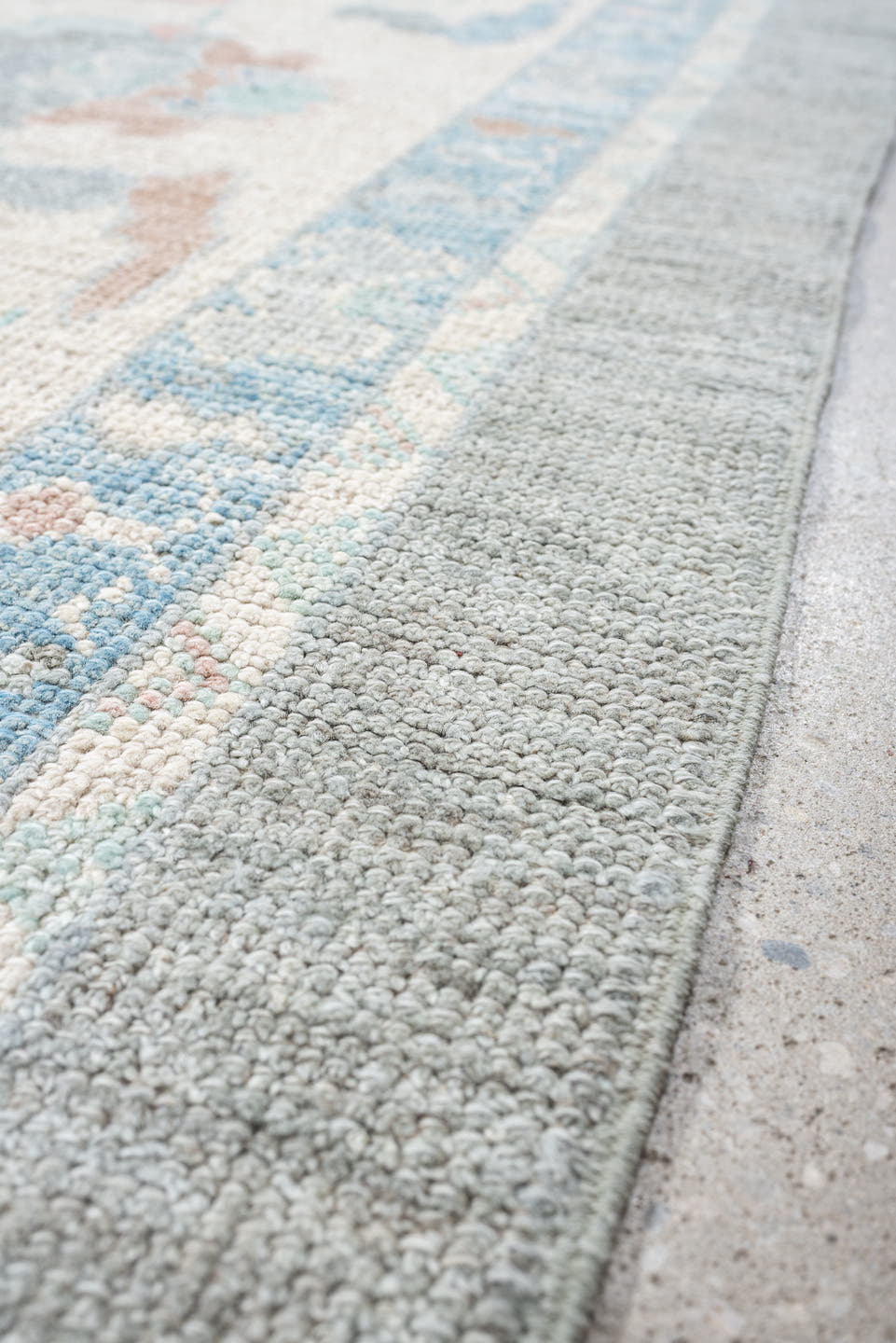 10' x 14' one-of-a-kind handmade vintage Oushak large size rug. Color palette: blue_gray, ivory, sky_blue, soft_coral, taupe