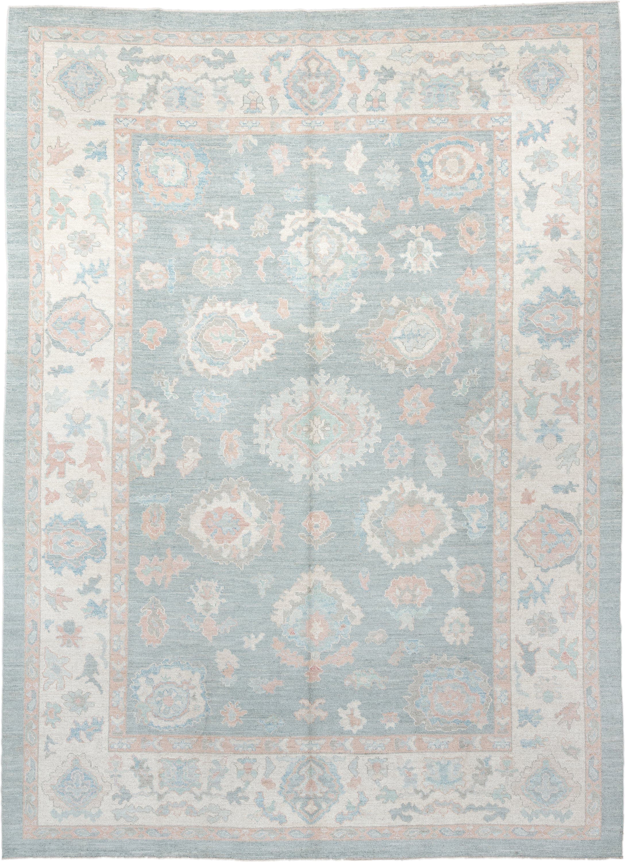 10' x 14' one-of-a-kind handmade vintage Oushak large size rug. Color palette: pale blue, ivory, blush, taupe, aqua, peach