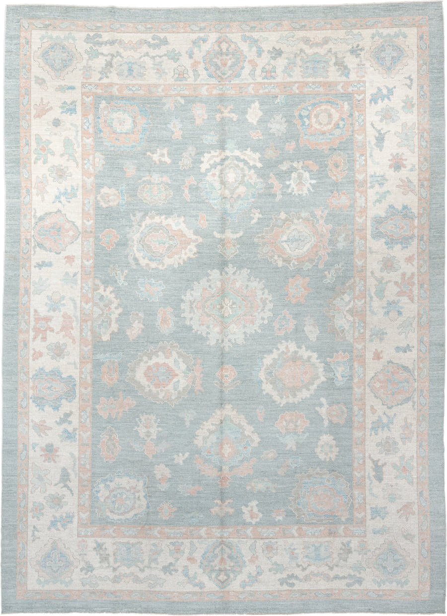 10' x 14' one-of-a-kind handmade vintage Oushak large size rug. Color palette: pale blue, ivory, blush, taupe, aqua, peach