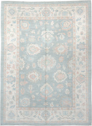 10' x 14' one-of-a-kind handmade vintage Oushak large size rug. Color palette: pale blue, ivory, blush, taupe, aqua, peach