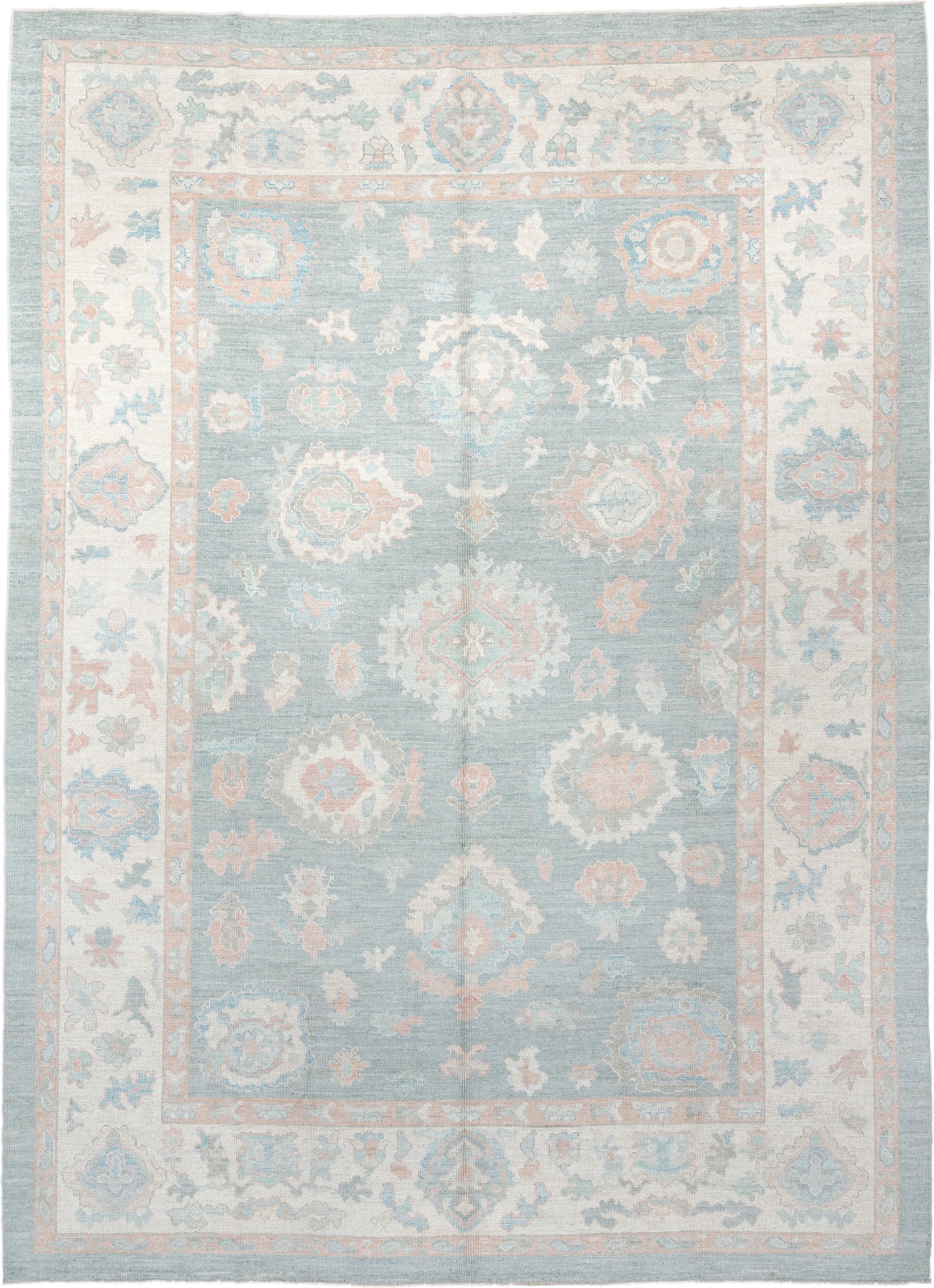 10' x 14' one-of-a-kind handmade vintage Oushak large size rug. Color palette: pale blue, ivory, blush, taupe, aqua, peach