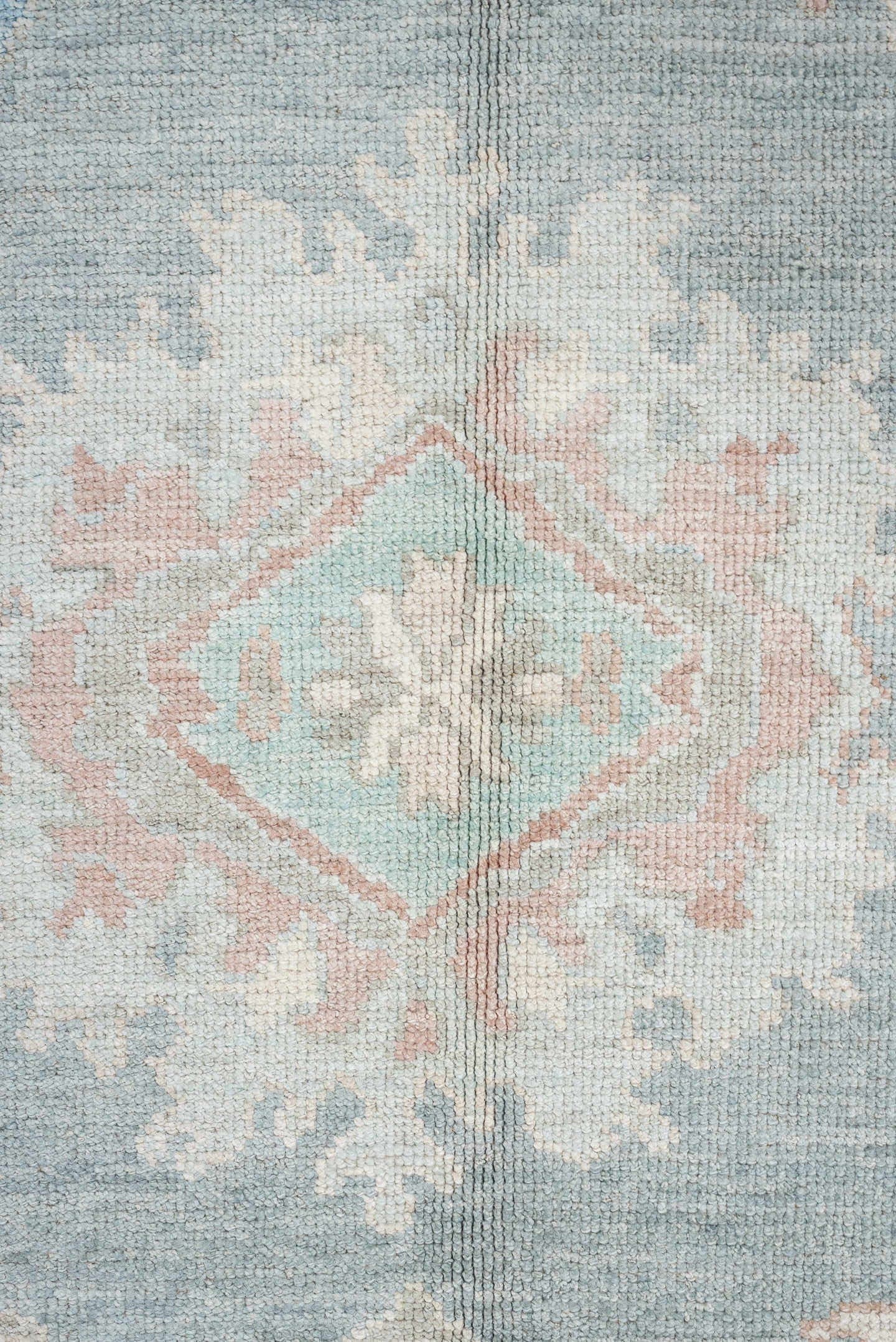 10' x 14' one-of-a-kind handmade vintage Oushak large size rug. Color palette: pale blue, ivory, blush, taupe, aqua, peach