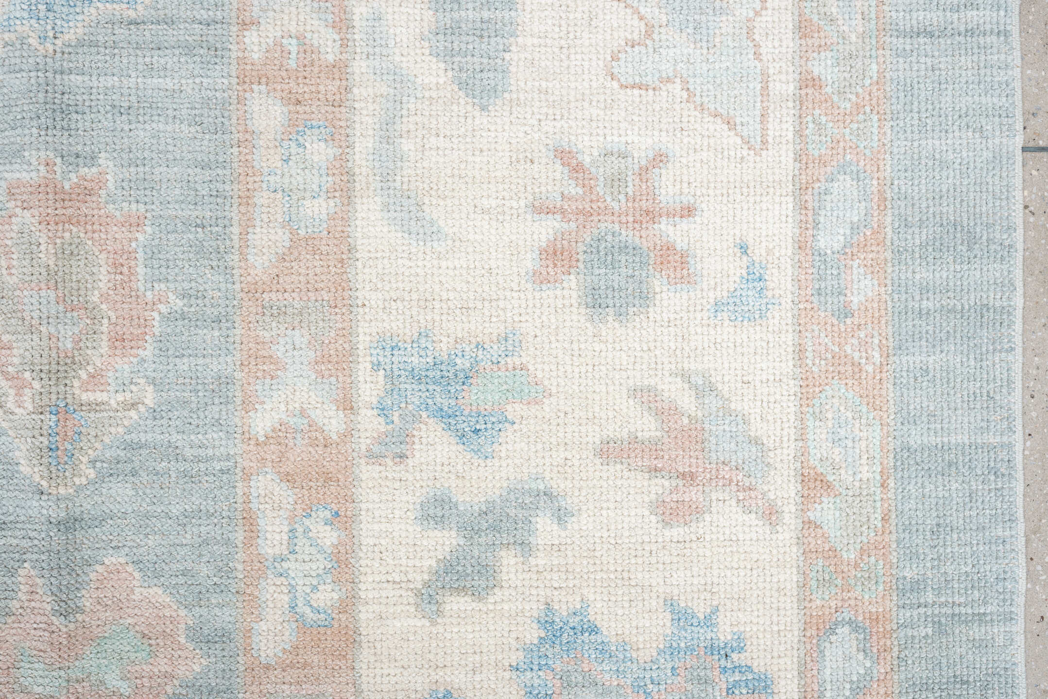 10' x 14' one-of-a-kind handmade vintage Oushak large size rug. Color palette: pale blue, ivory, blush, taupe, aqua, peach