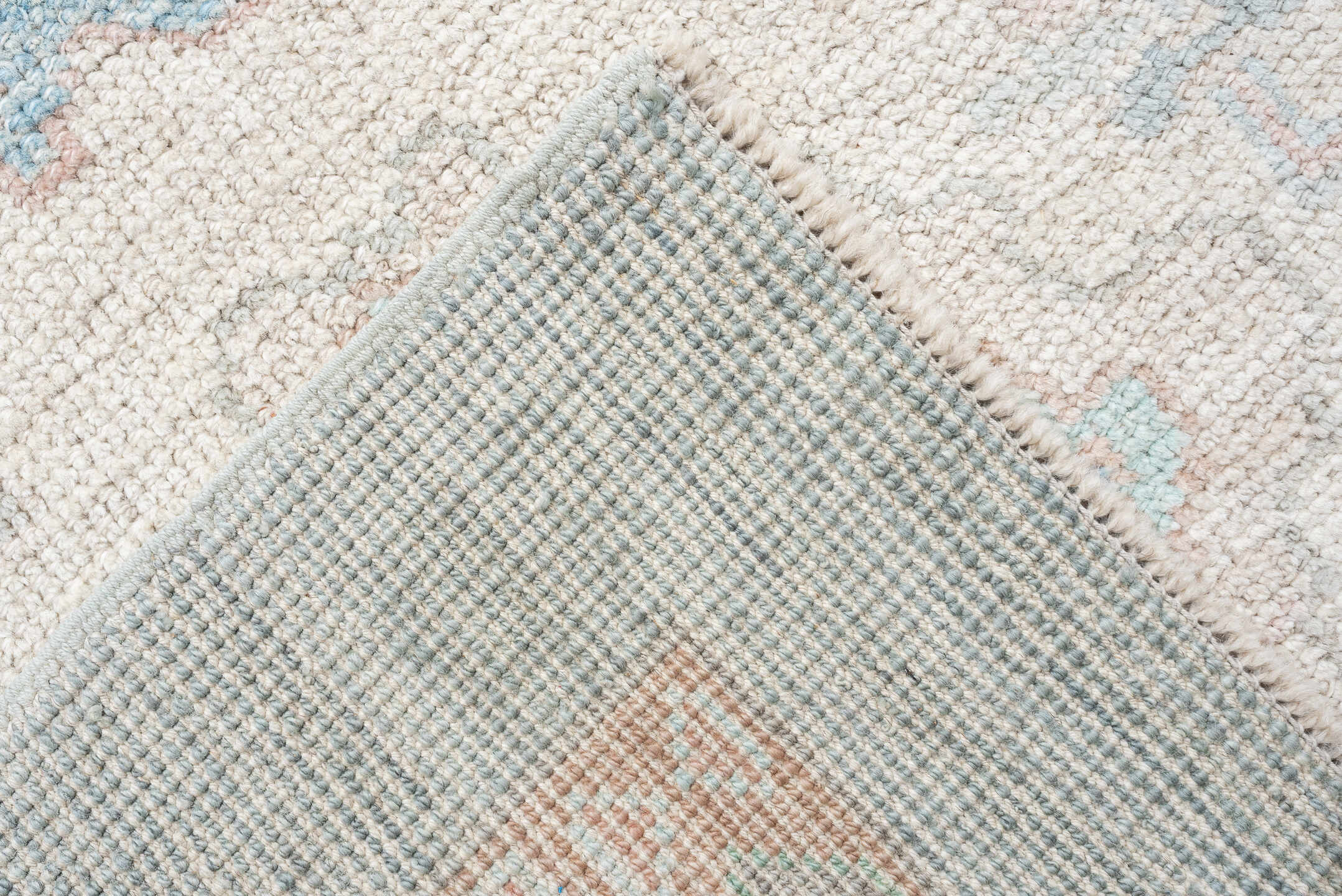 10' x 14' one-of-a-kind handmade vintage Oushak large size rug. Color palette: pale blue, ivory, blush, taupe, aqua, peach