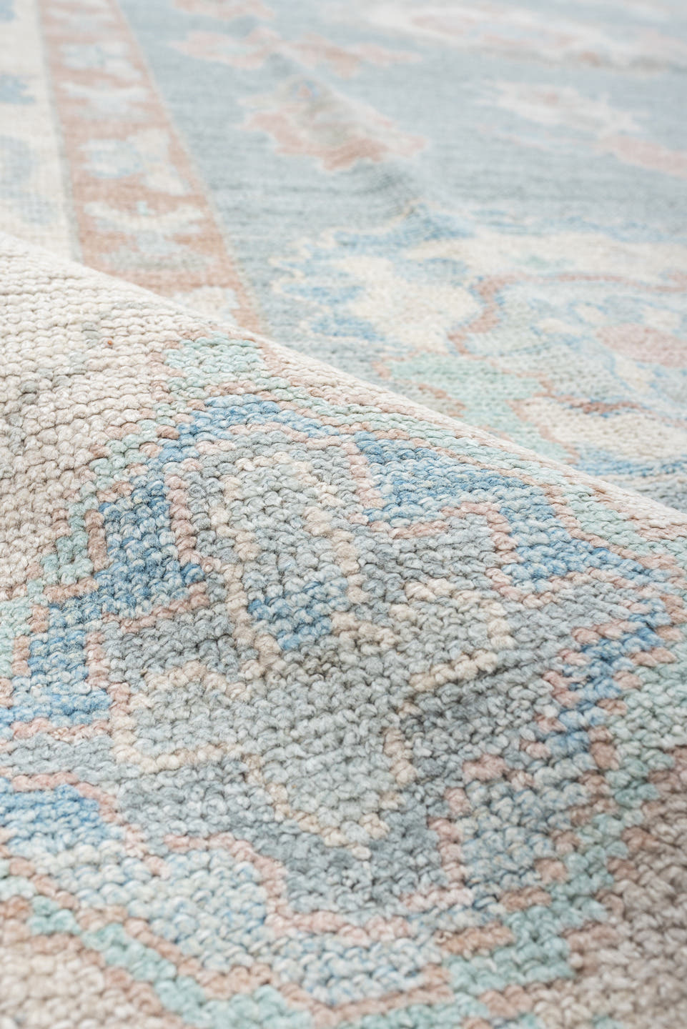 10' x 14' one-of-a-kind handmade vintage Oushak large size rug. Color palette: pale blue, ivory, blush, taupe, aqua, peach